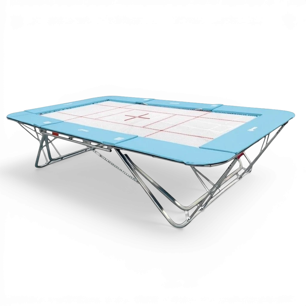 UK Gym Pits GM Extreme competition trampoline with a 13mm web bed, light blue frame pads, and steel frame.