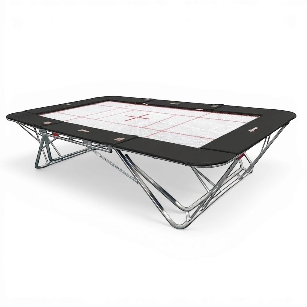 UK Gym Pits GM Extreme competition trampoline with a 13mm web bed, black frame pads, and steel base on black background