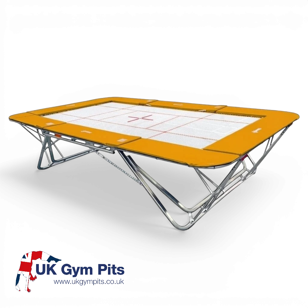 UK Gym Pits GM Extreme competition trampoline with a 13mm web bed and orange safety frame pads on a white background