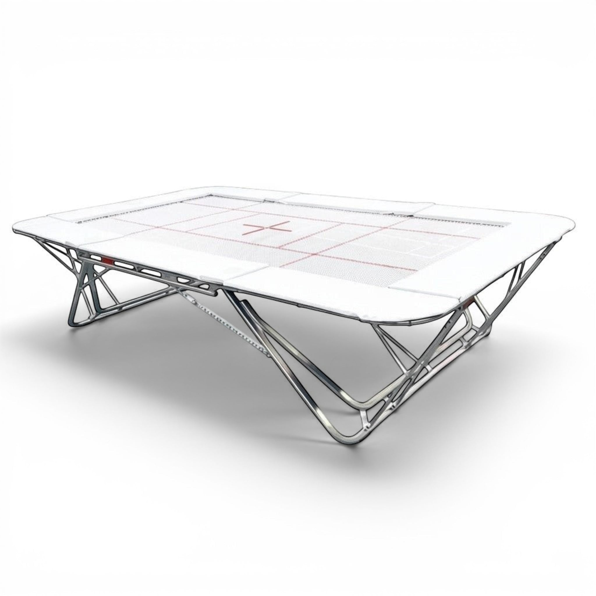 UK Gym Pits GM Extreme competition trampoline with a 6mm white web bed and FIG markings on a steel frame