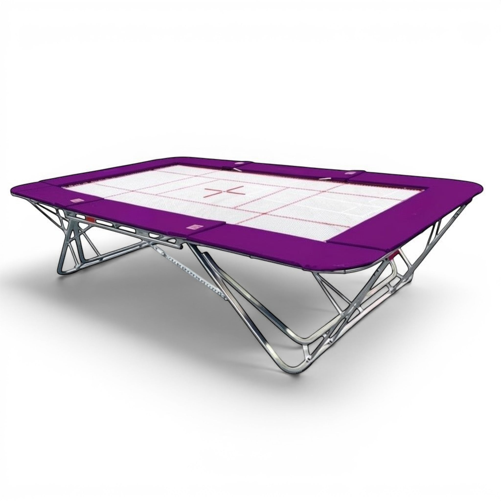 UK Gym Pits GM Extreme competition trampoline with purple frame pads and a 6mm web bed with FIG markings.