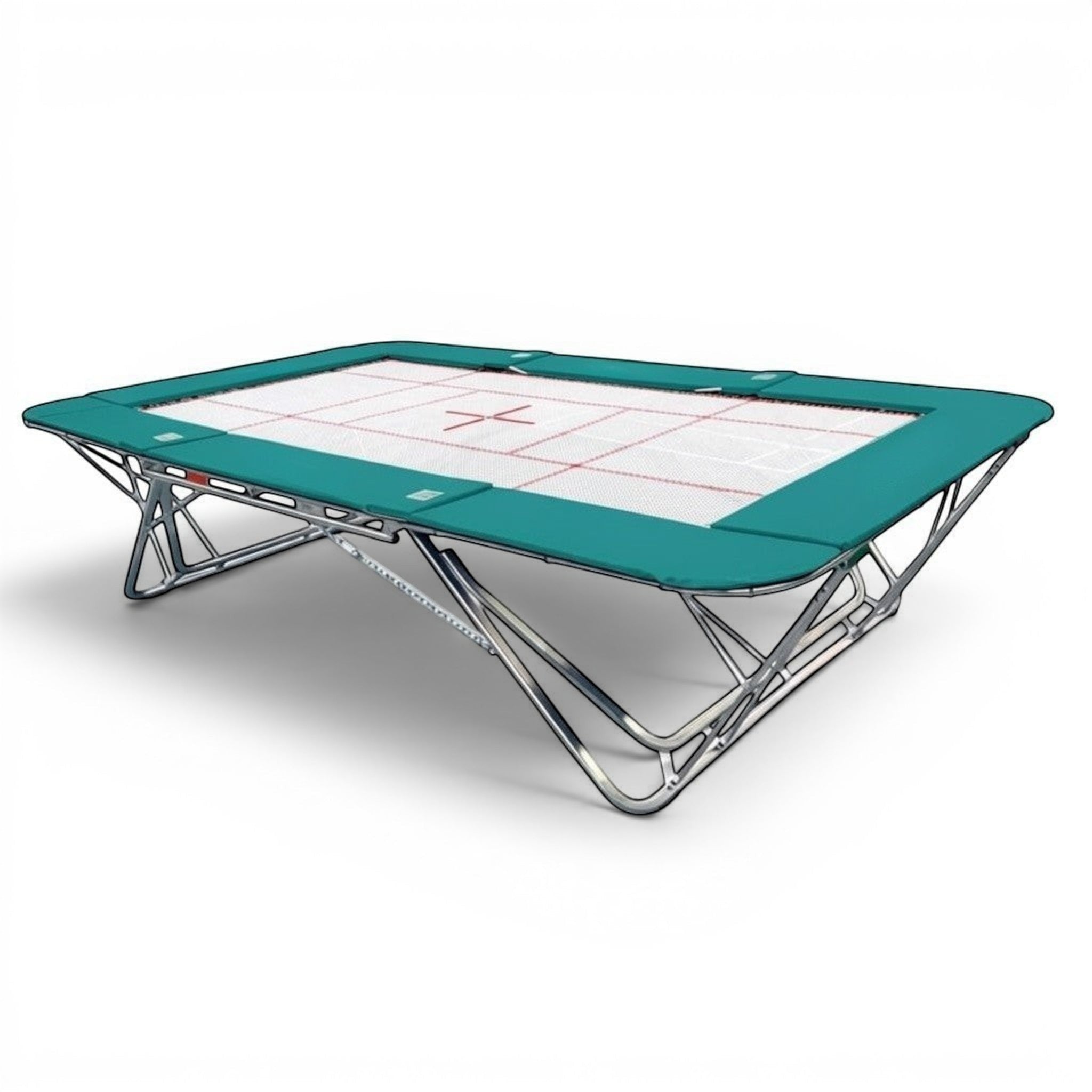 UK Gym Pits GM Extreme competition trampoline with a 6mm web bed and teal frame pads on a white background