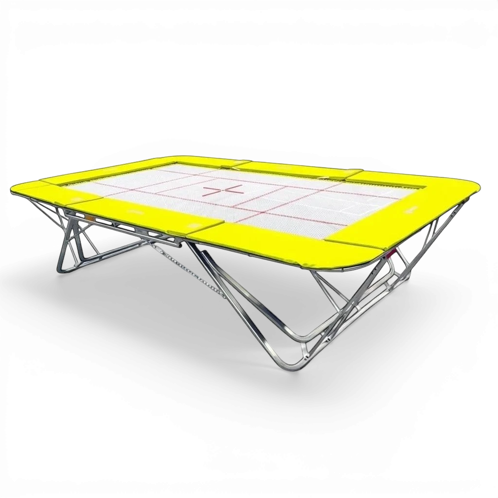 UK Gym Pits GM Extreme competition trampoline with a 13mm web bed and bright yellow protective frame pads