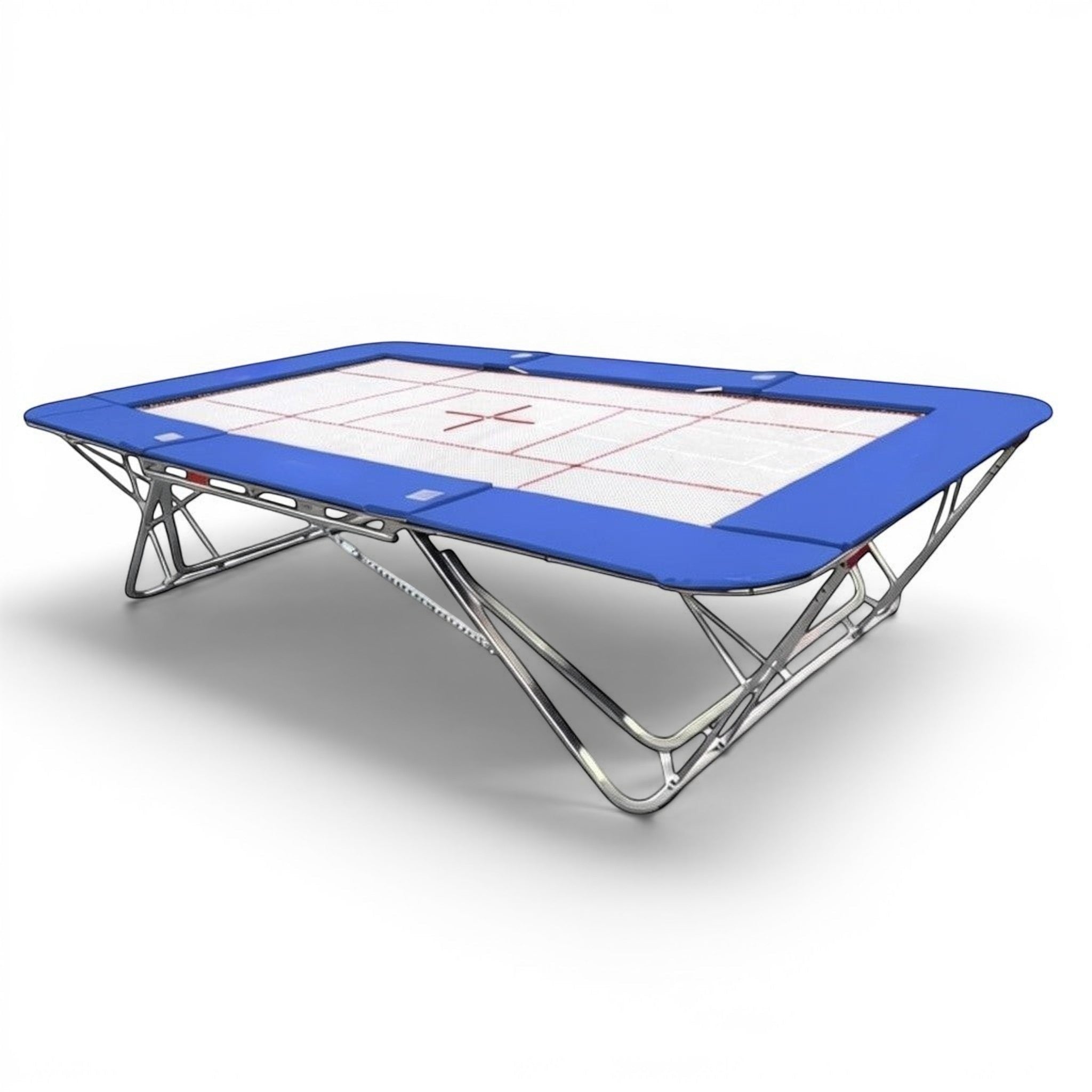 UK Gym Pits GM Extreme competition trampoline with blue frame pads and a 6mm web bed featuring FIG markings