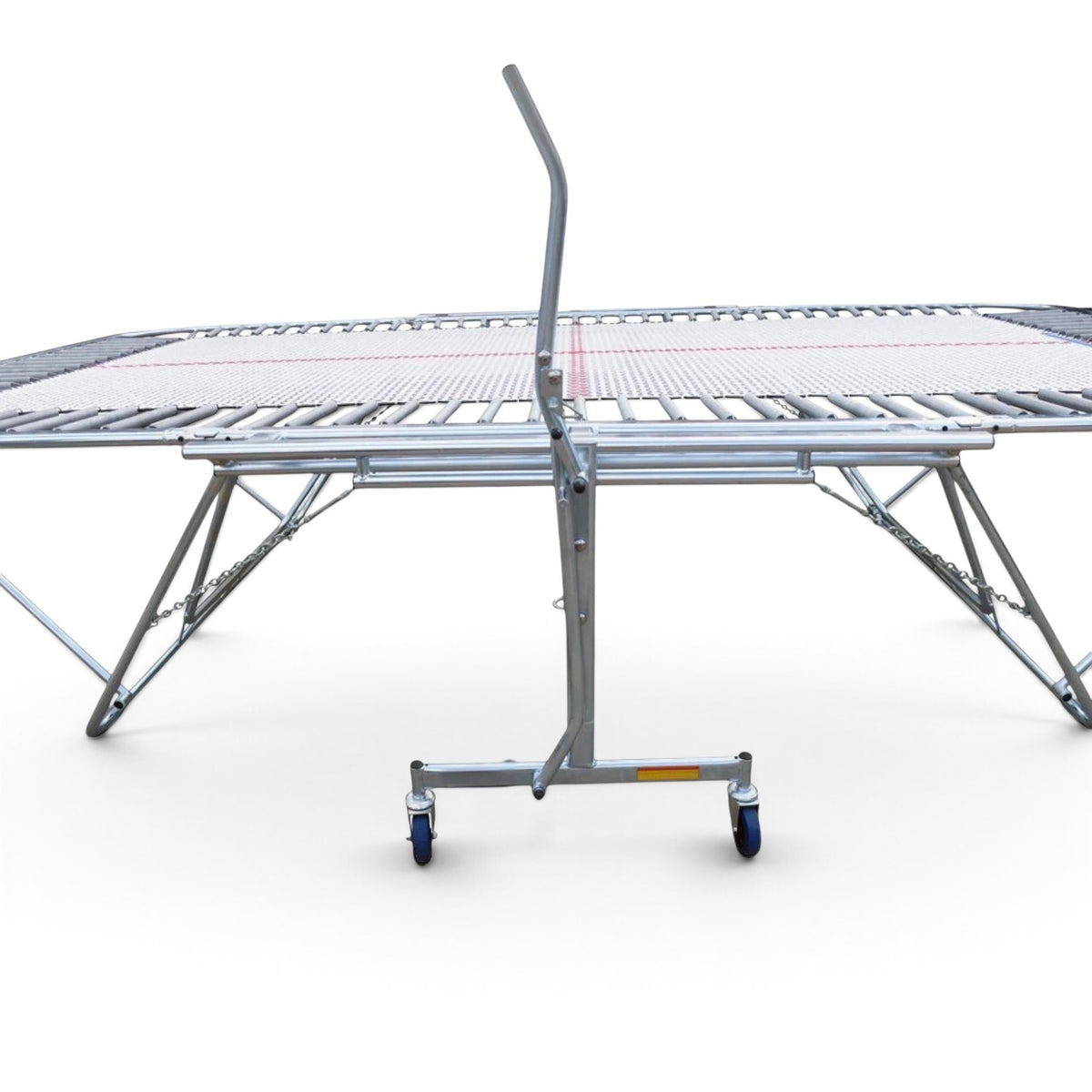 UK Gym Pits GM Extreme competition trampoline with 13mm web bed, steel frame, and lift-lower roller stand mechanism.