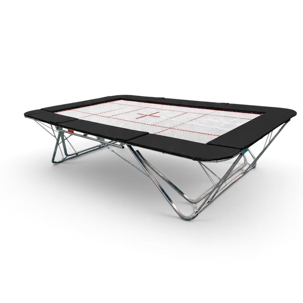 UK Gym Pits GM Extreme competition trampoline with 13mm web bed, black frame pads, and steel spring support system.