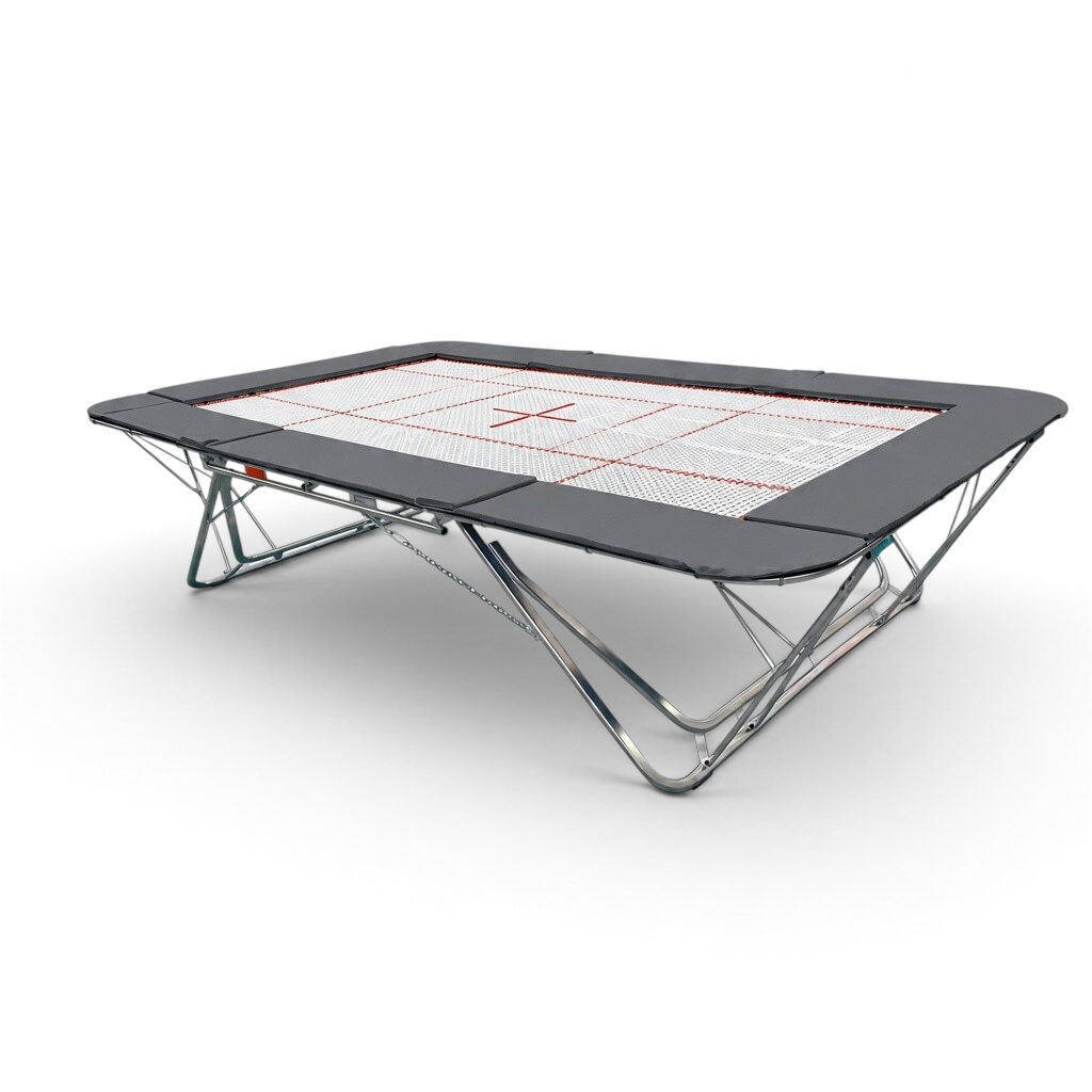 UK Gym Pits GM Extreme competition trampoline with a 13mm web bed, grey frame pads, and steel spring frame.