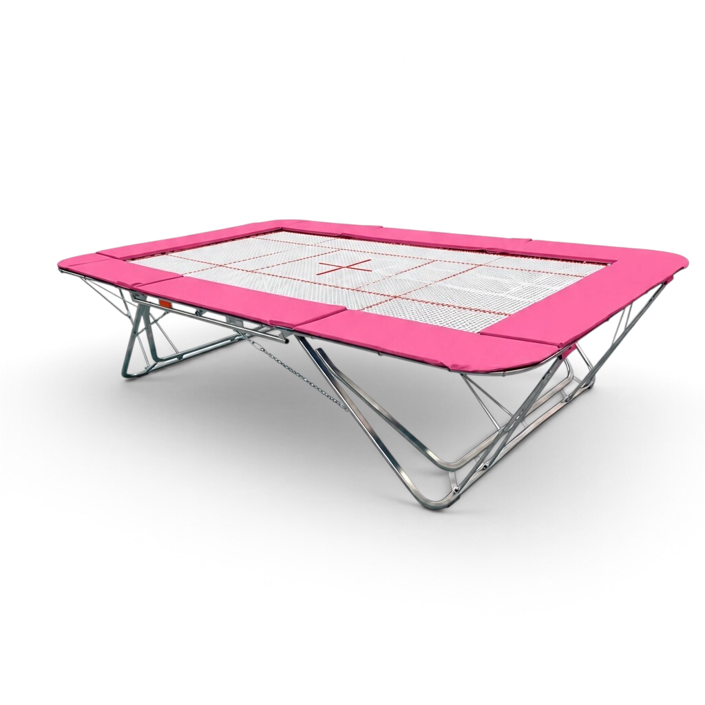 UK Gym Pits GM Extreme competition trampoline with a 13mm web bed and bright pink protective frame pads