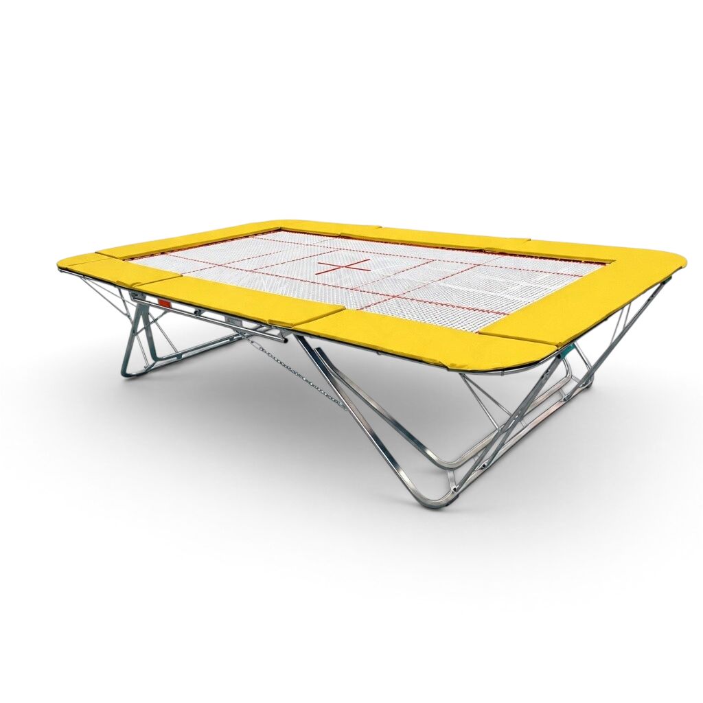 UK Gym Pits GM Extreme competition trampoline with a 13mm web bed, yellow frame pads, and steel spring frame.