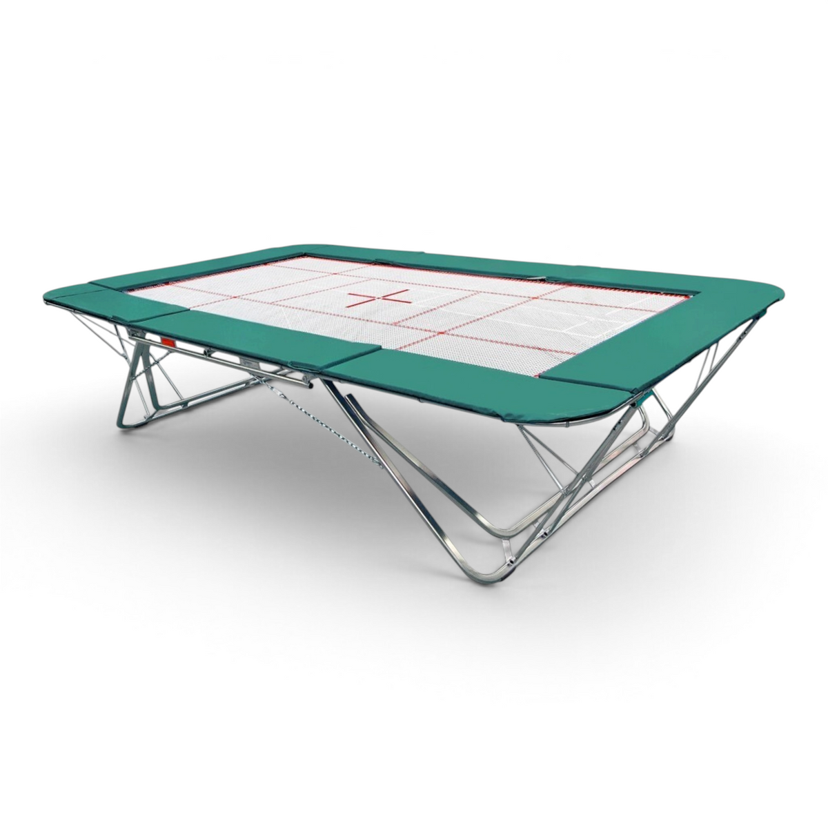 UK Gym Pits GM Extreme competition trampoline with a 4mm by 6mm web bed and green protective frame pads.