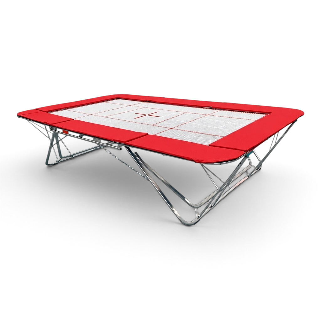 UK Gym Pits GM Extreme competition trampoline with a 4mm by 6mm web bed and bright red protective frame pads.