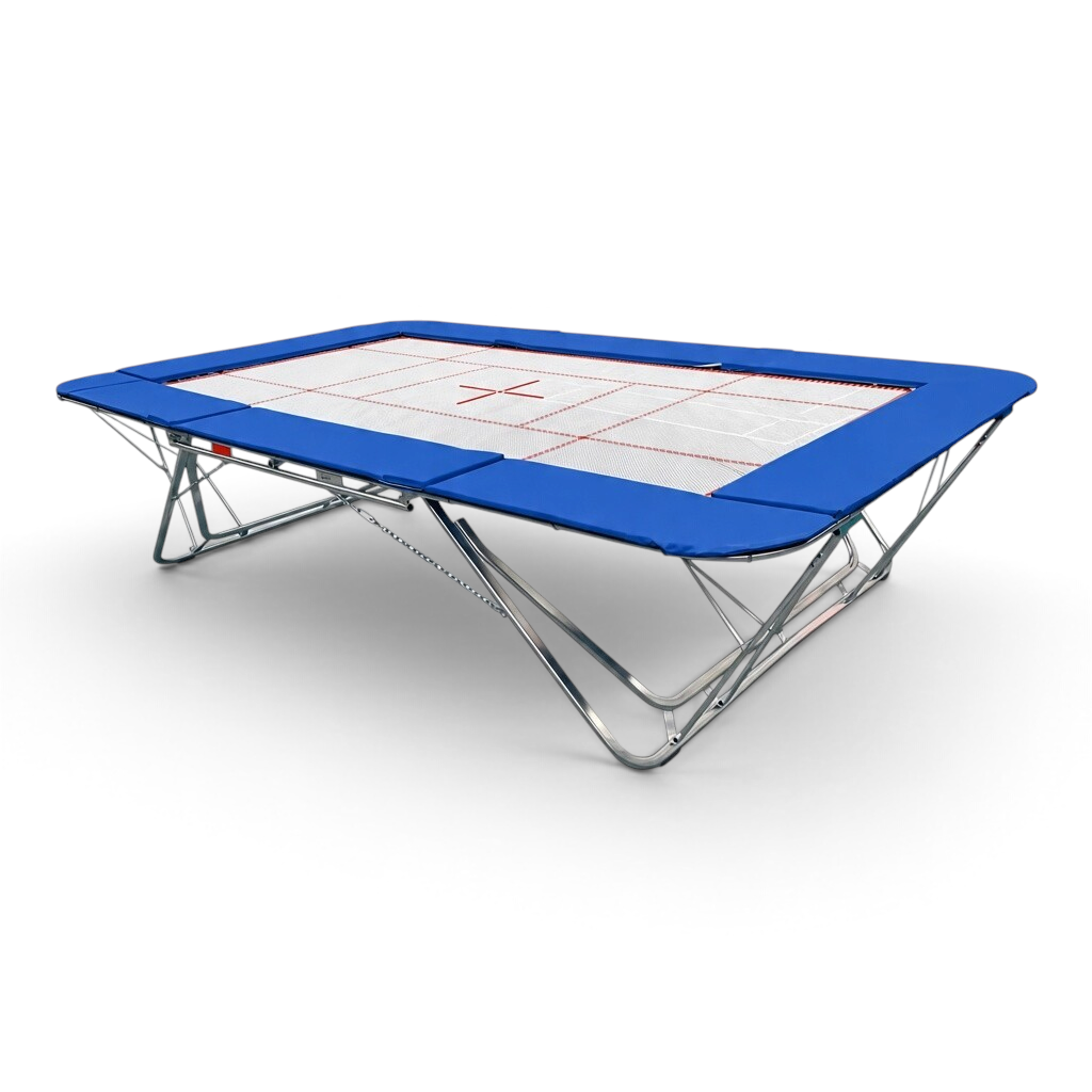 UK Gym Pits GM Extreme competition trampoline with blue frame pads and a 4mm by 6mm web bed on a white background