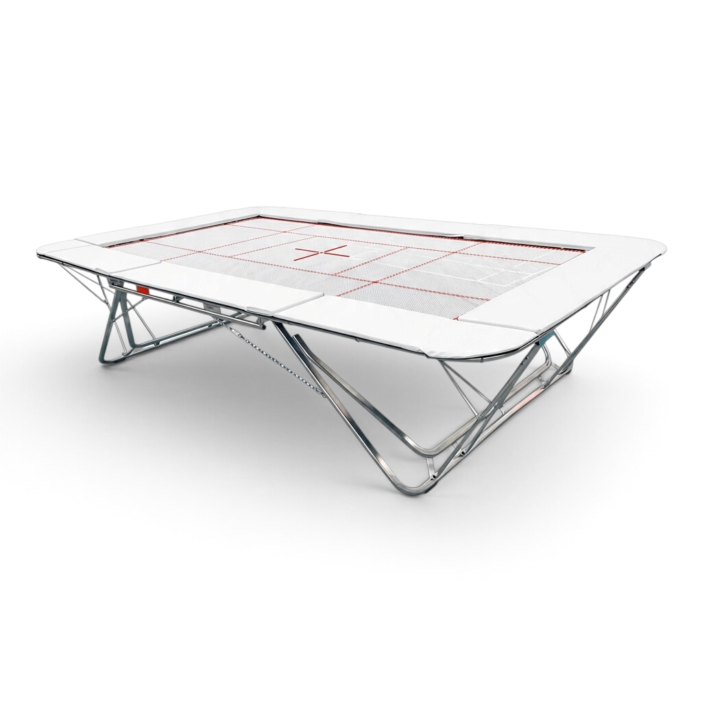 UK Gym Pits GM Extreme competition trampoline with white web bed and protective frame pads on a steel frame