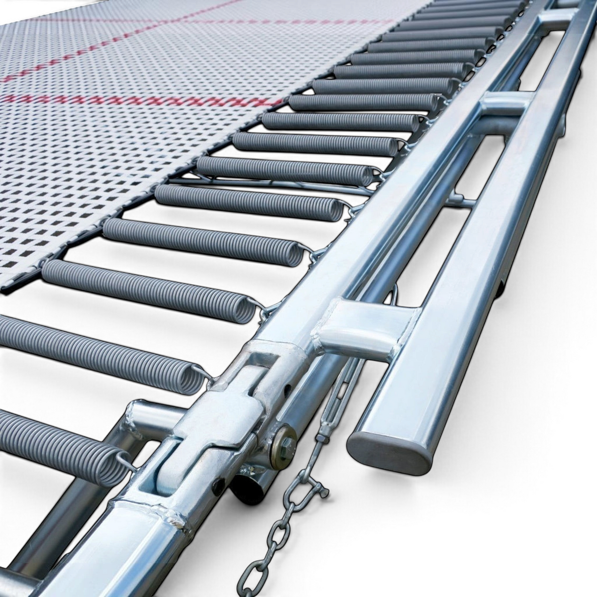 UK Gym Pits GM Extreme trampoline showing the 6mm web bed, high tensile steel springs, and sturdy metal frame.