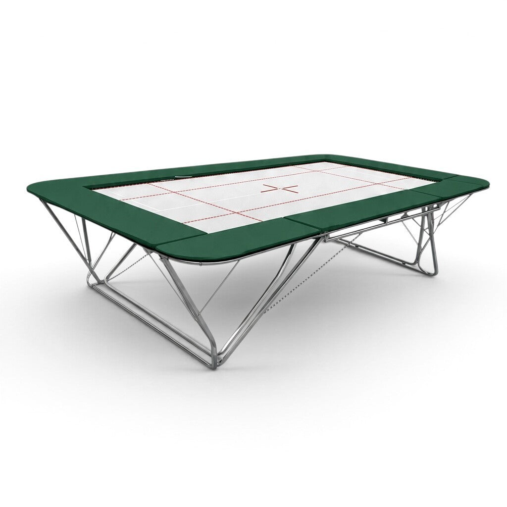 UK Gym Pits GM Extreme competition trampoline with a white 6mm web bed and green protective frame pads