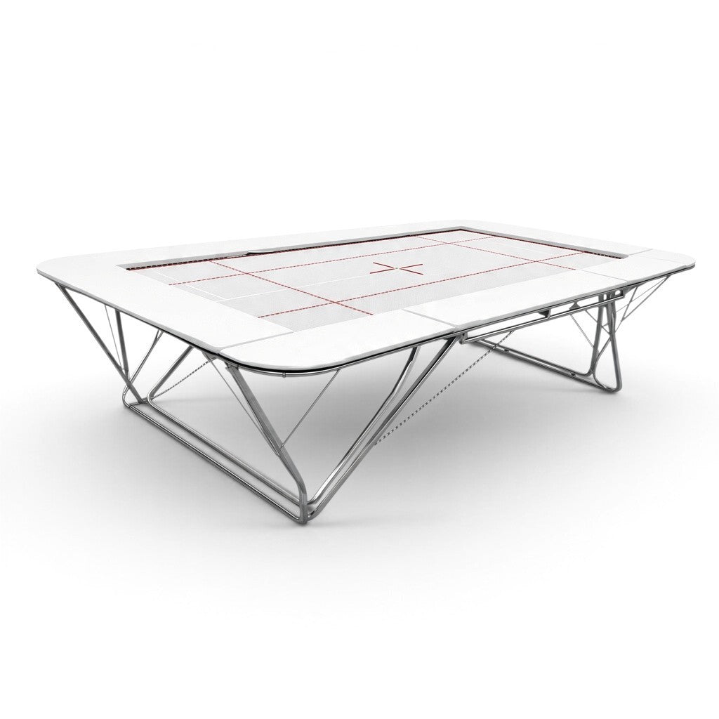 UK Gym Pits GM Extreme competition trampoline with a 6mm web bed and white frame pads on a white background