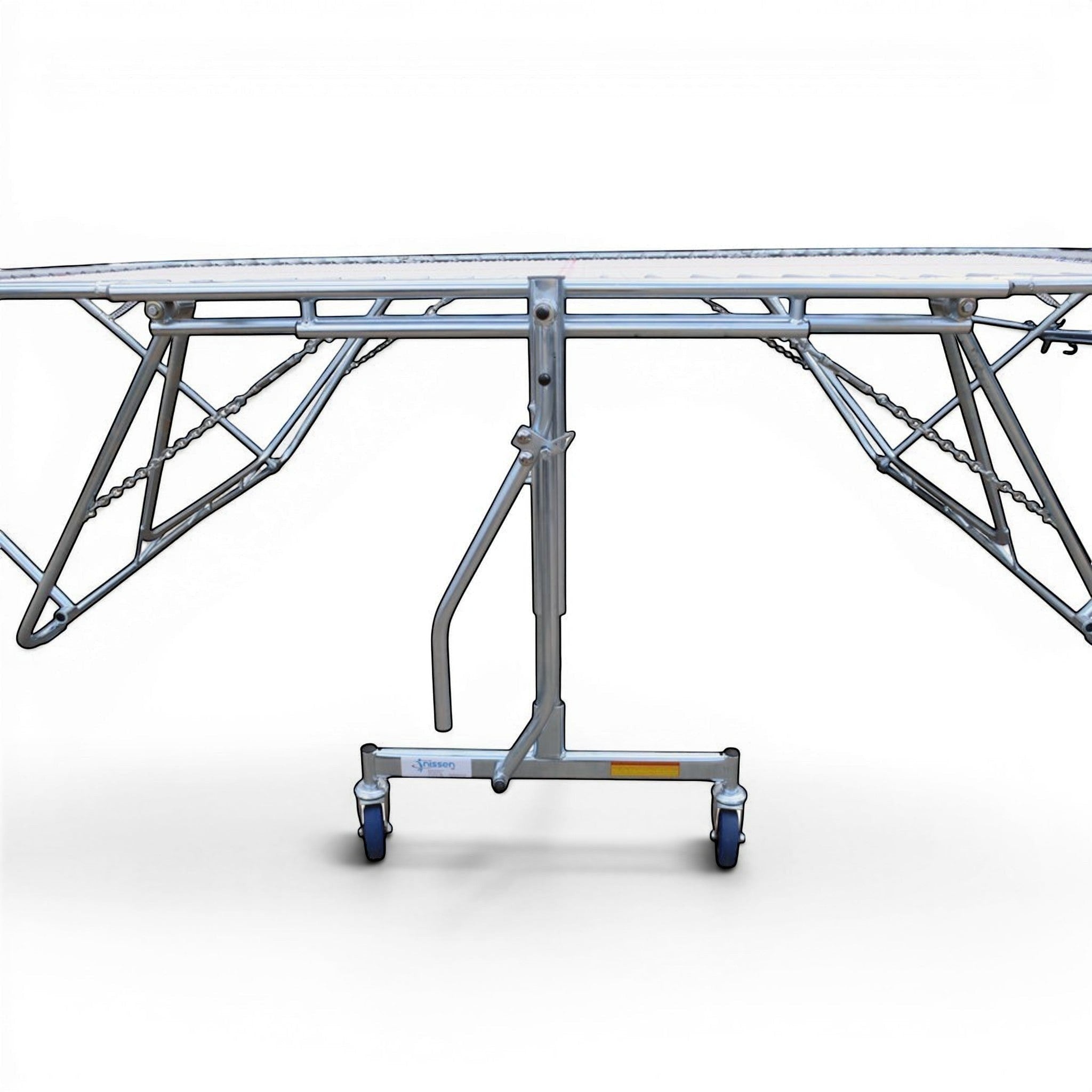 UK Gym Pits GM Extreme competition trampoline showing the metal frame, roller stand mechanism, and web bed.
