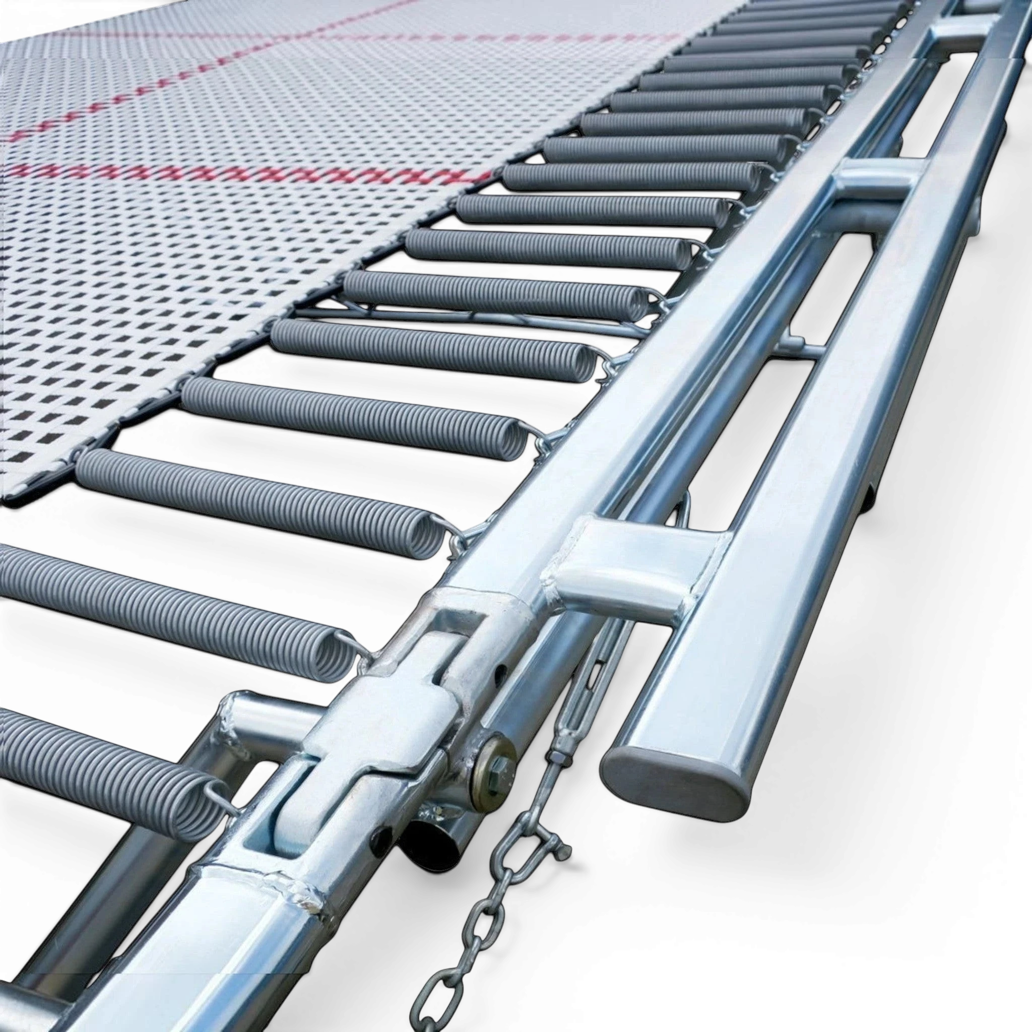UK Gym Pits GM Extreme trampoline showing the 13mm web bed, high tensile steel springs, and sturdy metal frame.