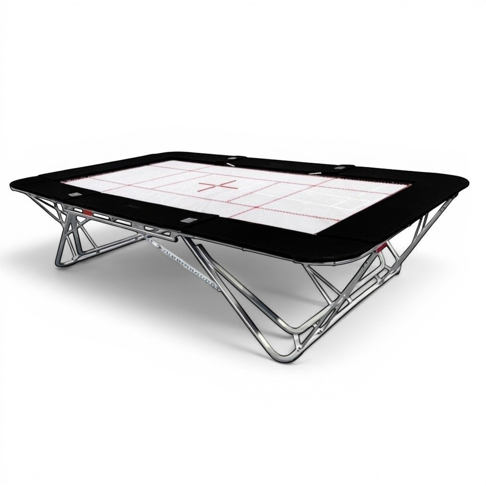 UK Gym Pits GM Extreme competition trampoline with a 6mm white web bed and black protective frame pads.