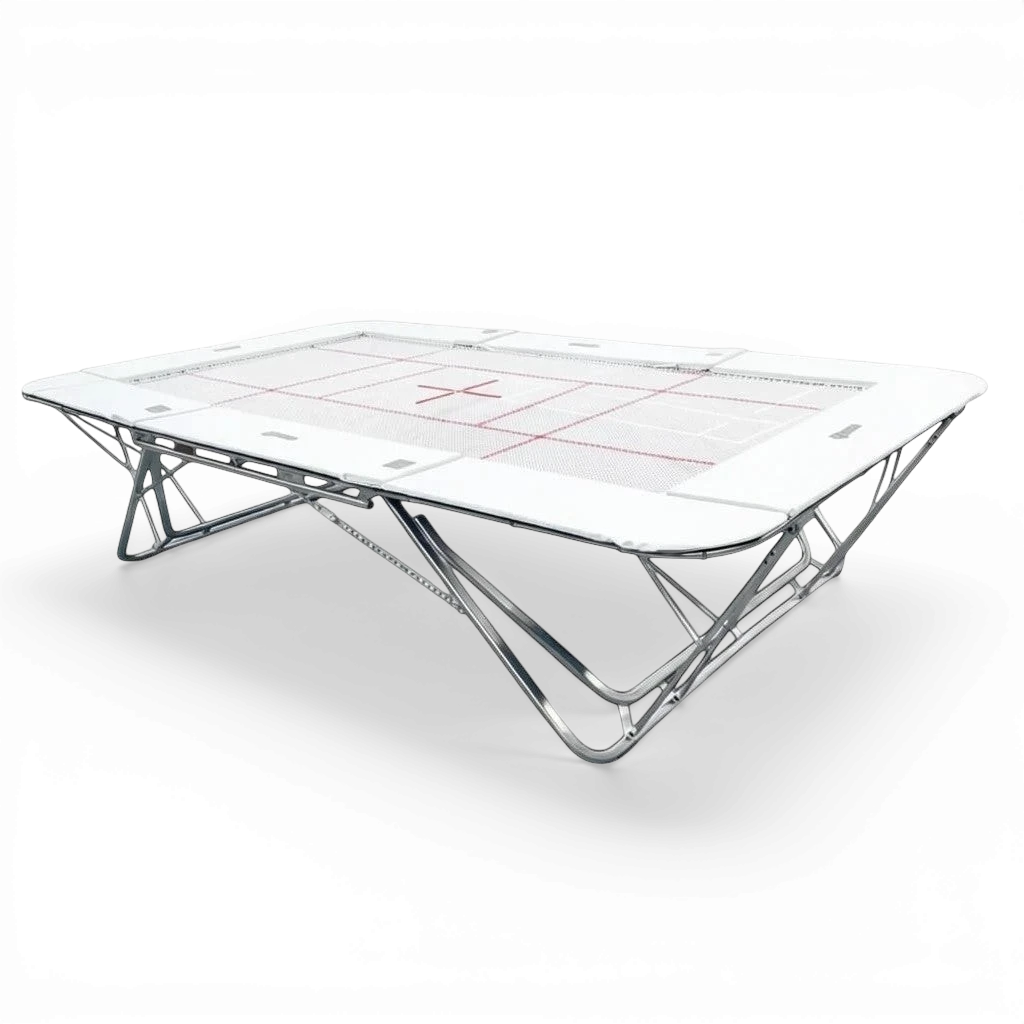 UK Gym Pits GM Extreme competition trampoline with 13mm web bed and FIG markings on a black background