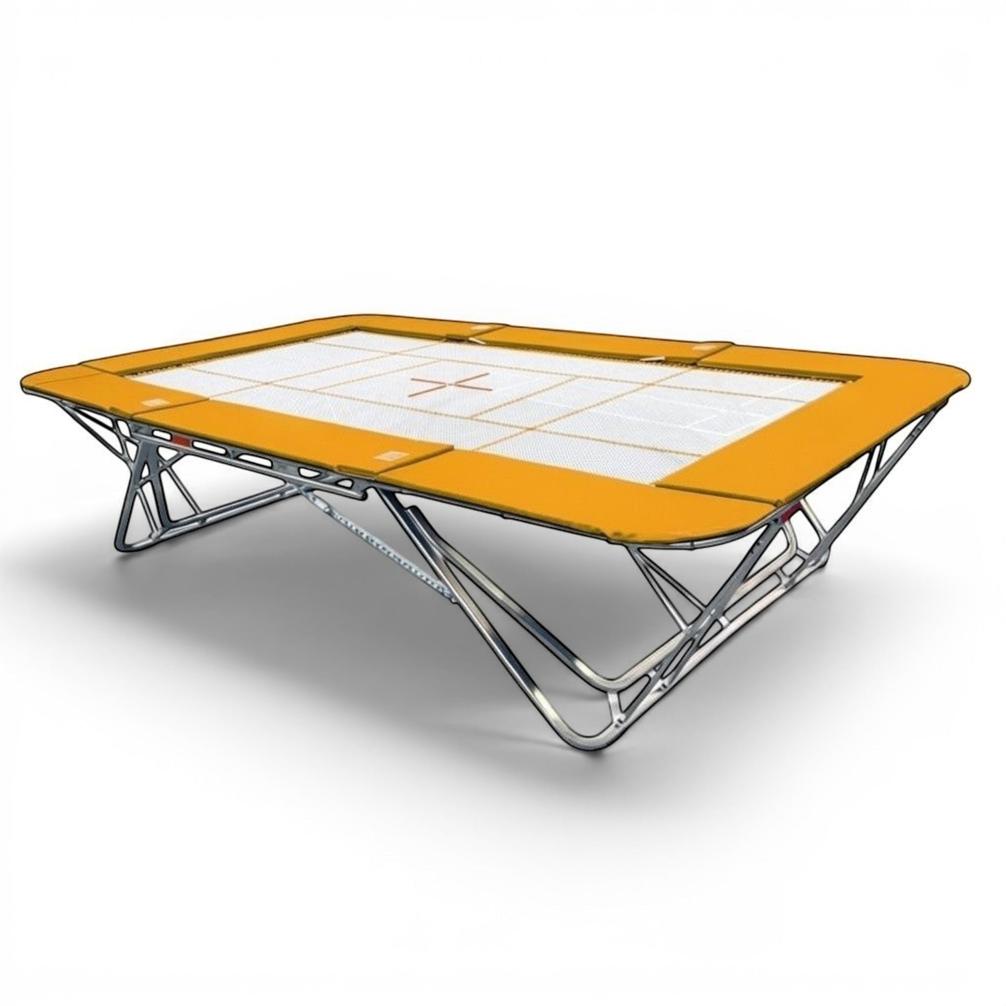UK Gym Pits GM Extreme competition trampoline with a 6mm web bed and orange frame pads on a white background