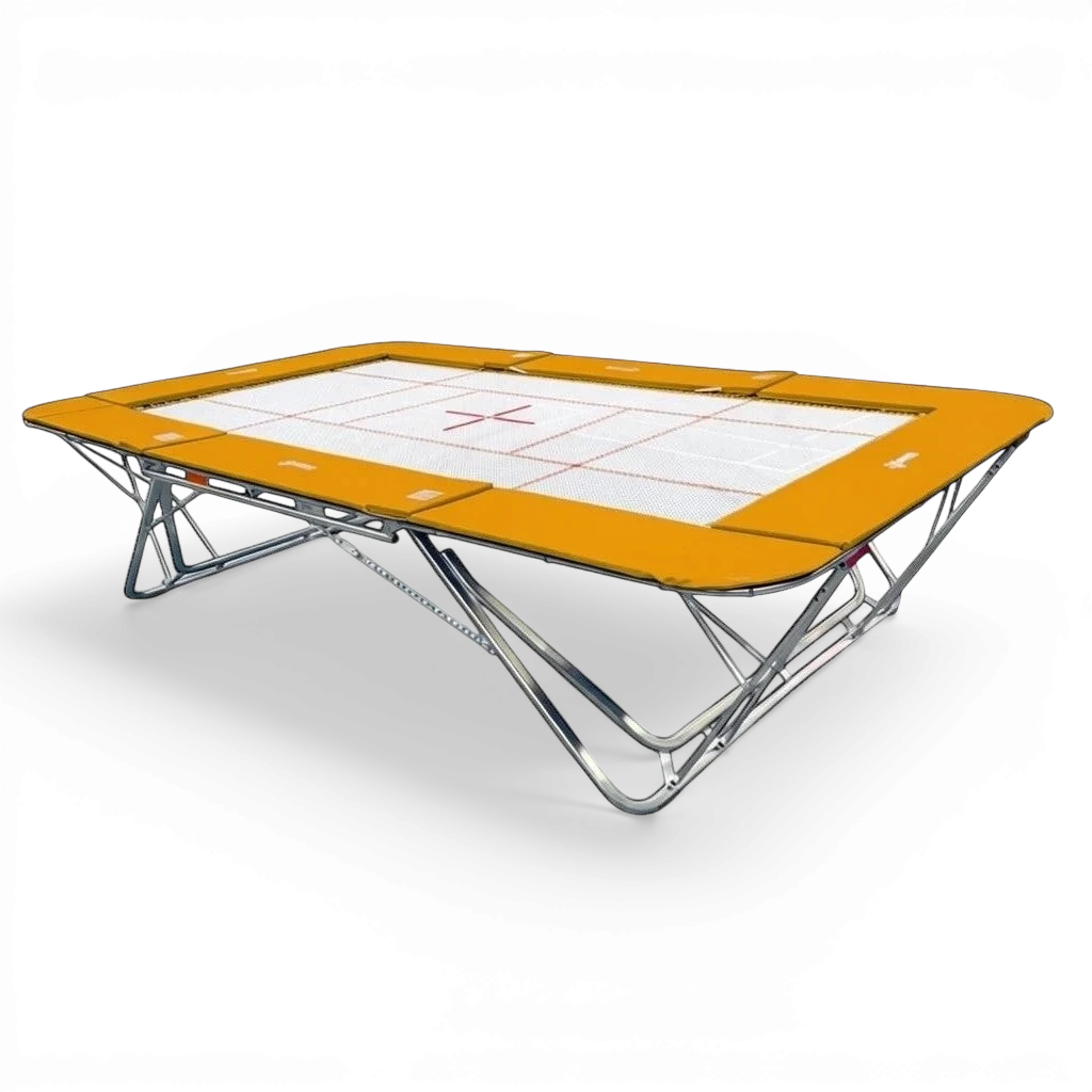 UK Gym Pits GM Extreme competition trampoline with a 13mm web bed and bright orange protective frame pads.