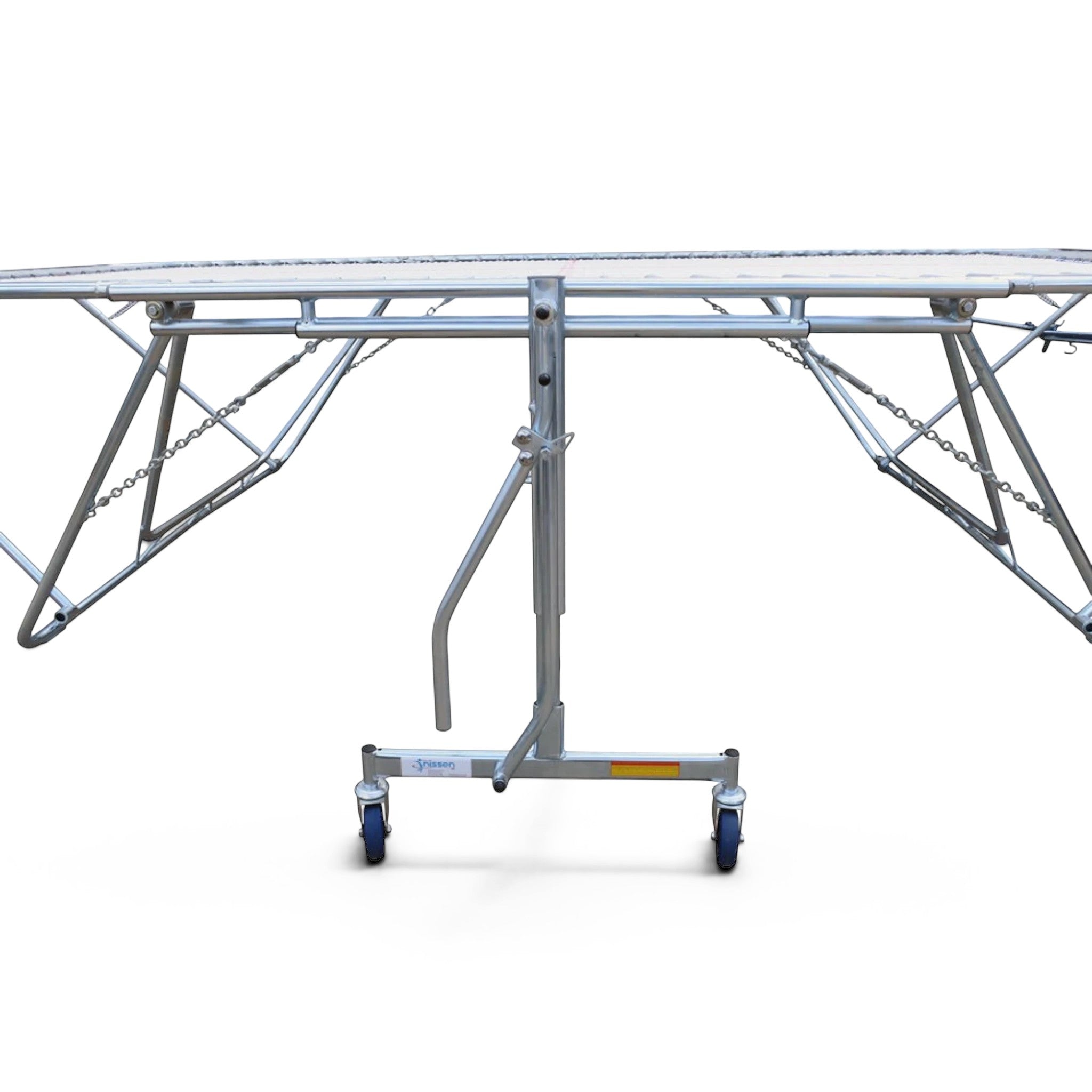 UK Gym Pits GM Extreme competition trampoline with 4mm by 6mm web bed and lift/lower roller stand mechanism