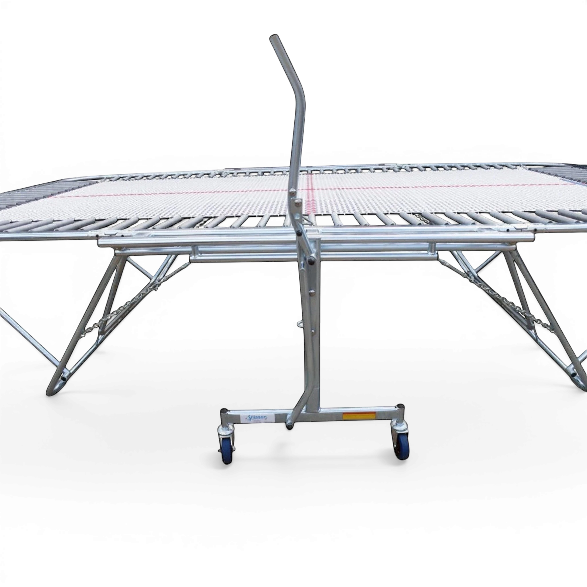 UK Gym Pits GM Extreme competition trampoline with 13mm web bed and lift/lower roller stand on a white background