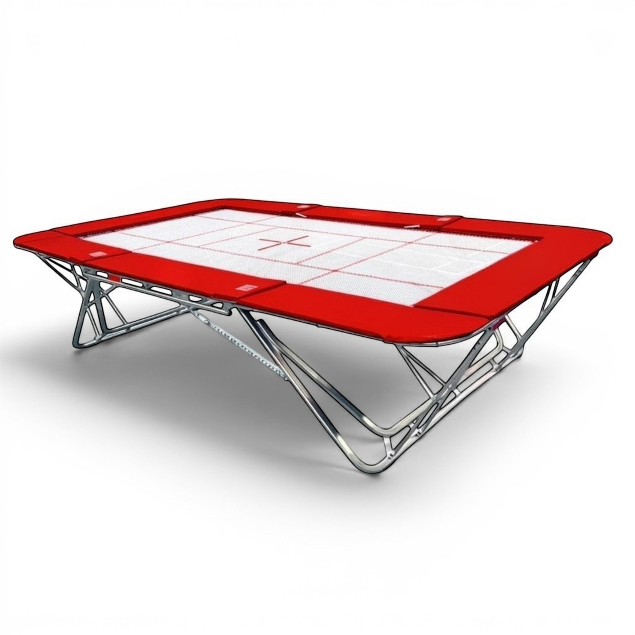 UK Gym Pits GM Extreme competition trampoline with a 6mm web bed and red protective frame pads on a steel base.