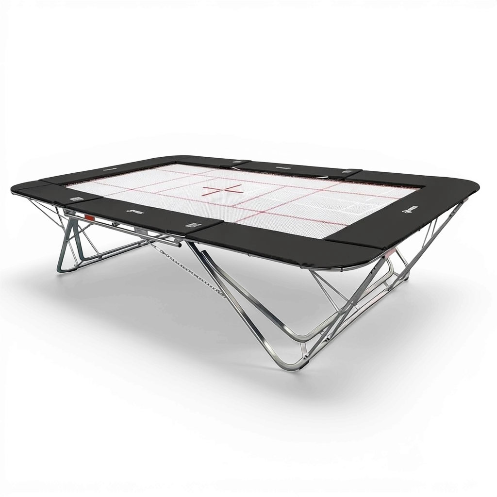 UK Gym Pits GMEX Extreme competition trampoline with a white web bed, black frame pads, and a steel folding frame.