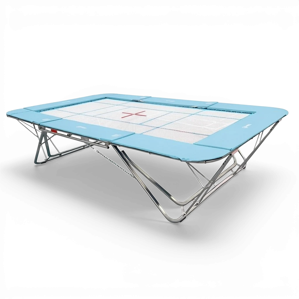UK Gym Pits GMEX Extreme competition trampoline with a white web bed and light blue protective frame pads.