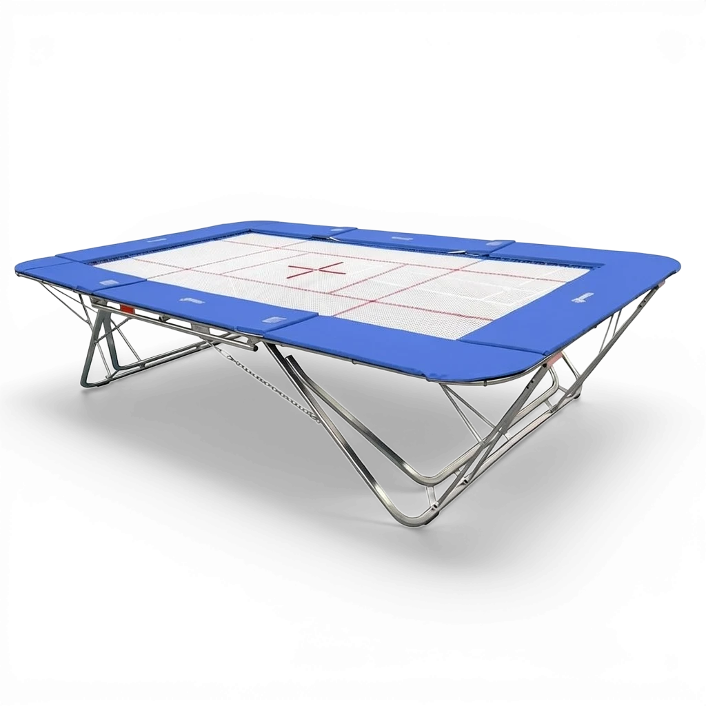 UK Gym Pits GMEX Extreme competition trampoline with a white web bed and blue protective frame pads on a steel frame.