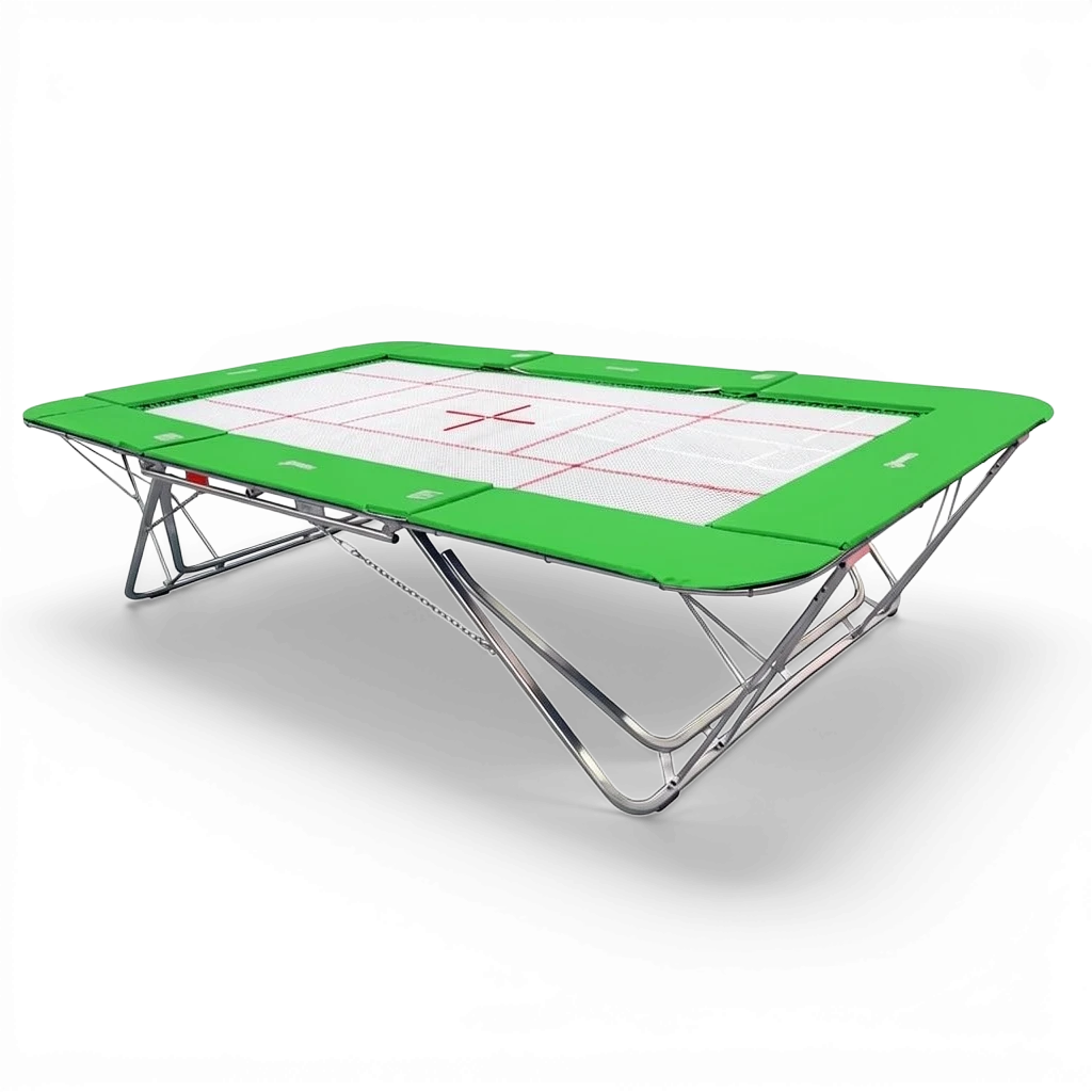 UK Gym Pits GMEX Extreme competition trampoline with a white web bed and green protective frame pads on a black background