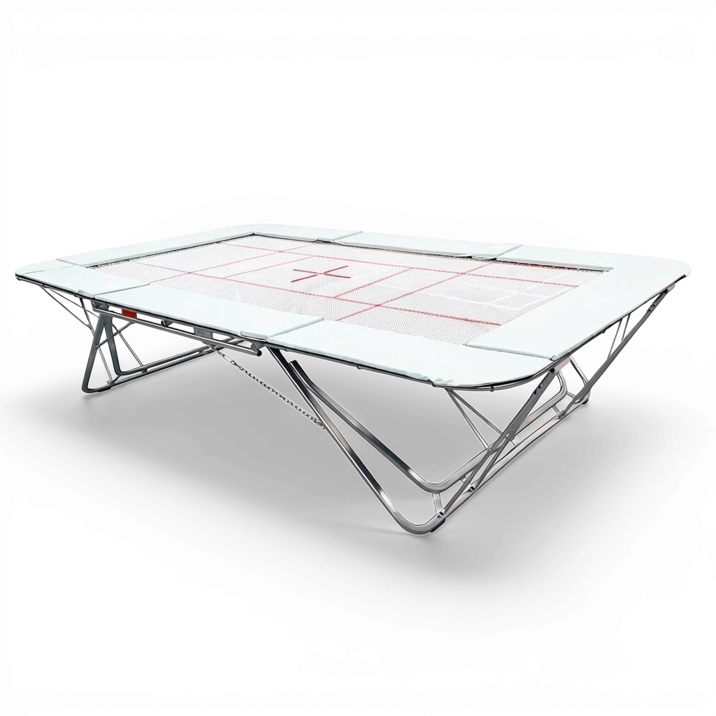 UK Gym Pits GMEX Extreme competition trampoline with white web bed and protective frame pads on a black background