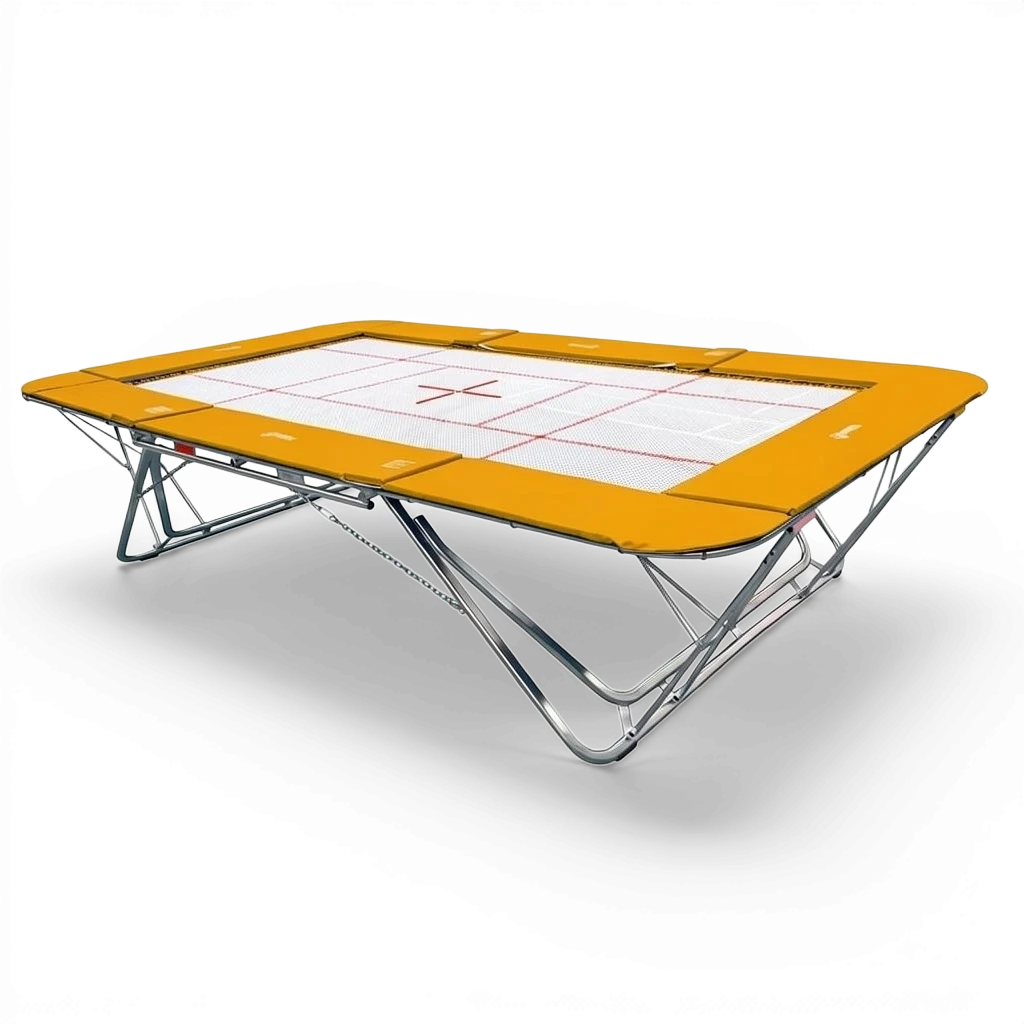 UK Gym Pits GMEX Extreme competition trampoline with yellow frame pads and white web bed on a black background