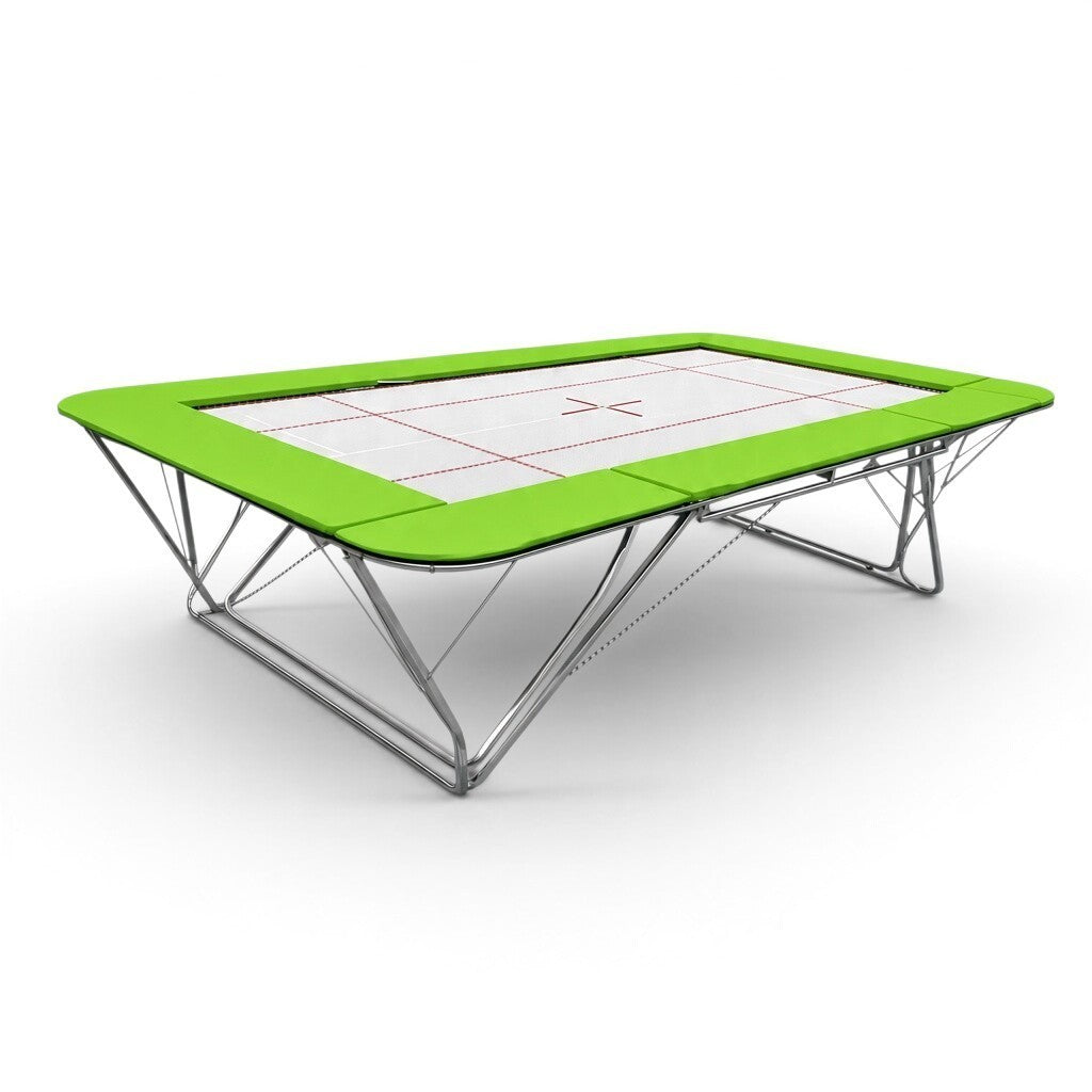 UK Gym Pits GMEX Extreme competition trampoline with a white web bed and bright green protective frame pads.