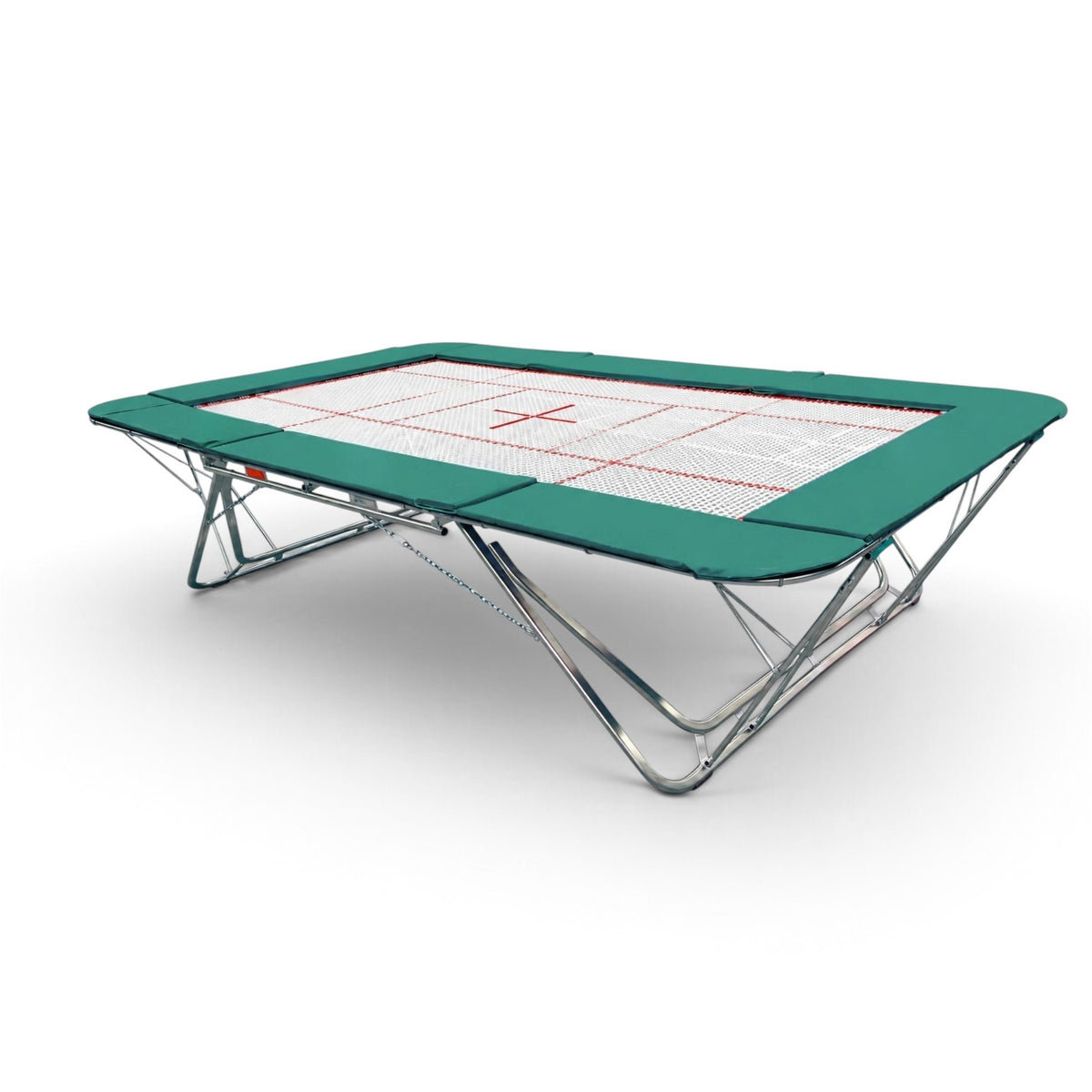 UK Gym Pits GMEX Extreme competition trampoline with a white web bed and green protective frame pads
