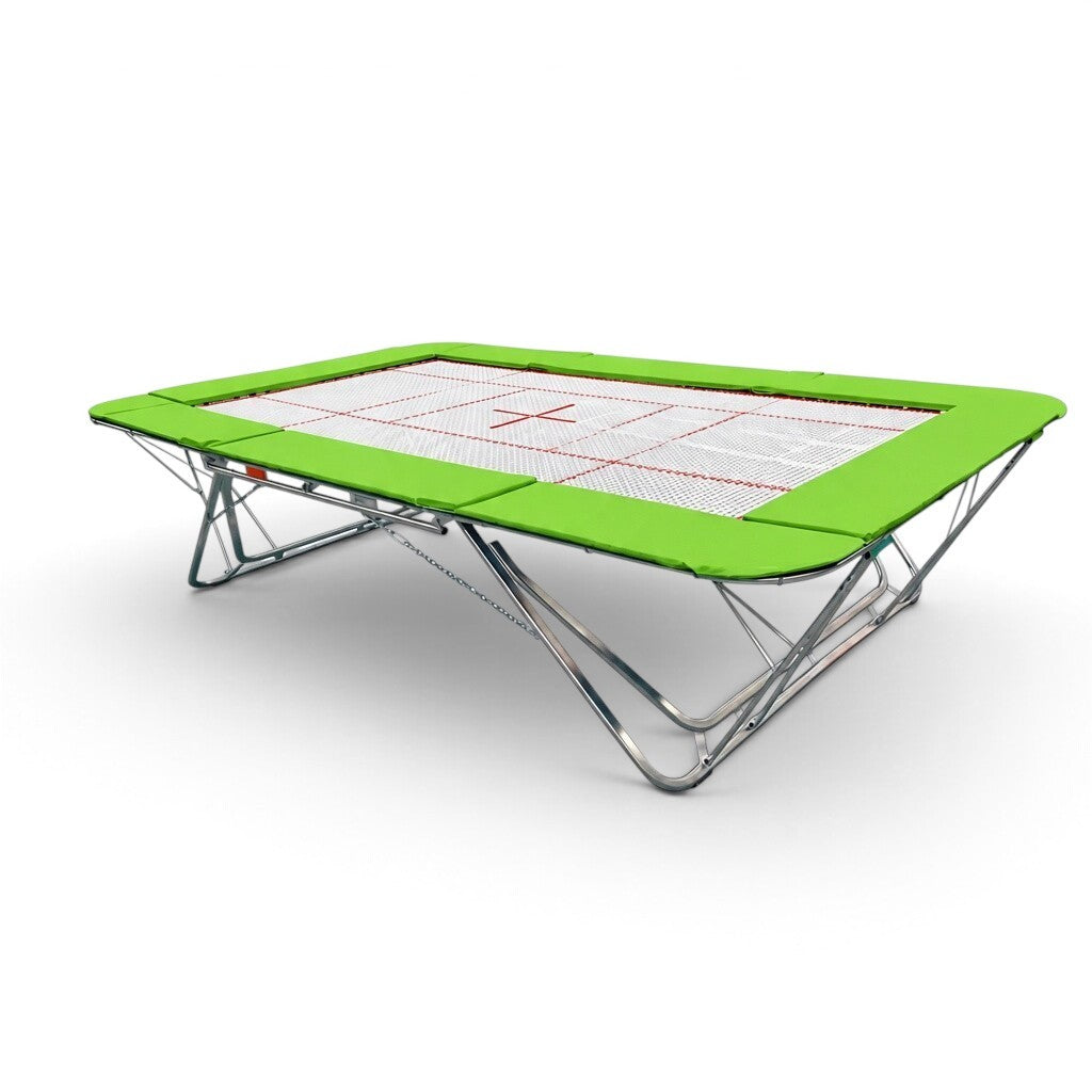 UK Gym Pits GMEX Extreme competition trampoline with a white web bed and bright green protective frame pads.