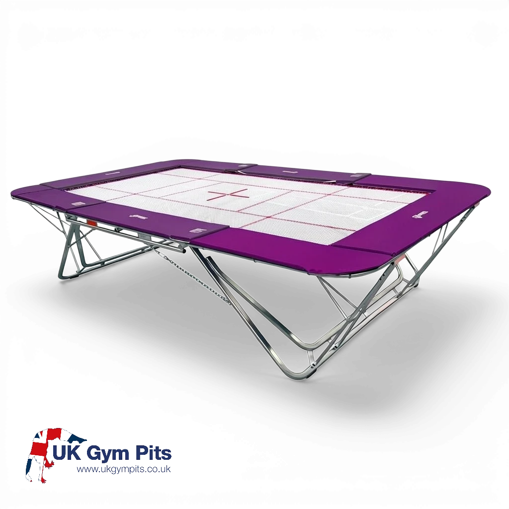 UK Gym Pits GMEX Extreme competition trampoline with a white web bed and purple frame pads on a black background.