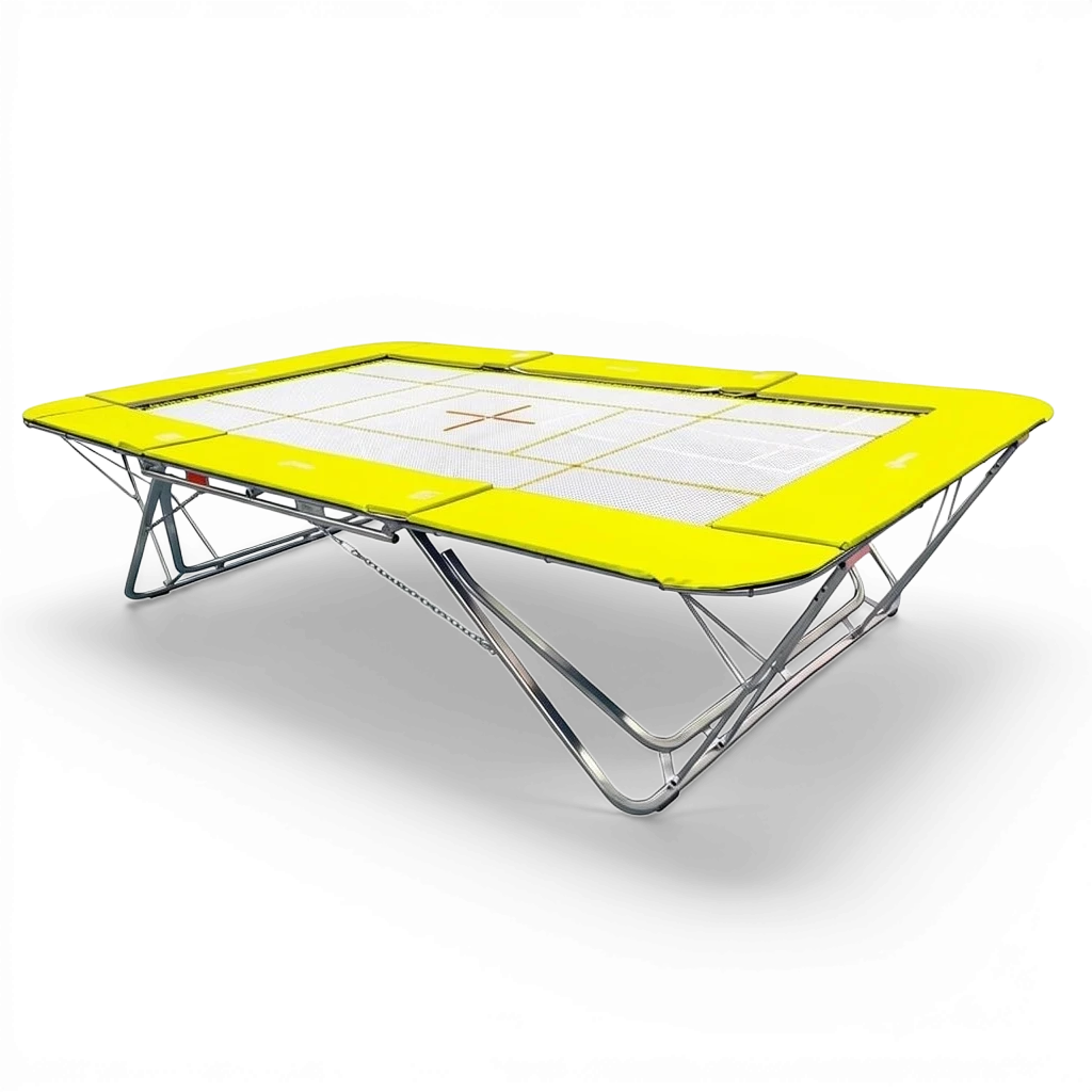 UK Gym Pits GMEX Extreme competition trampoline with a white web bed and bright yellow protective frame pads.
