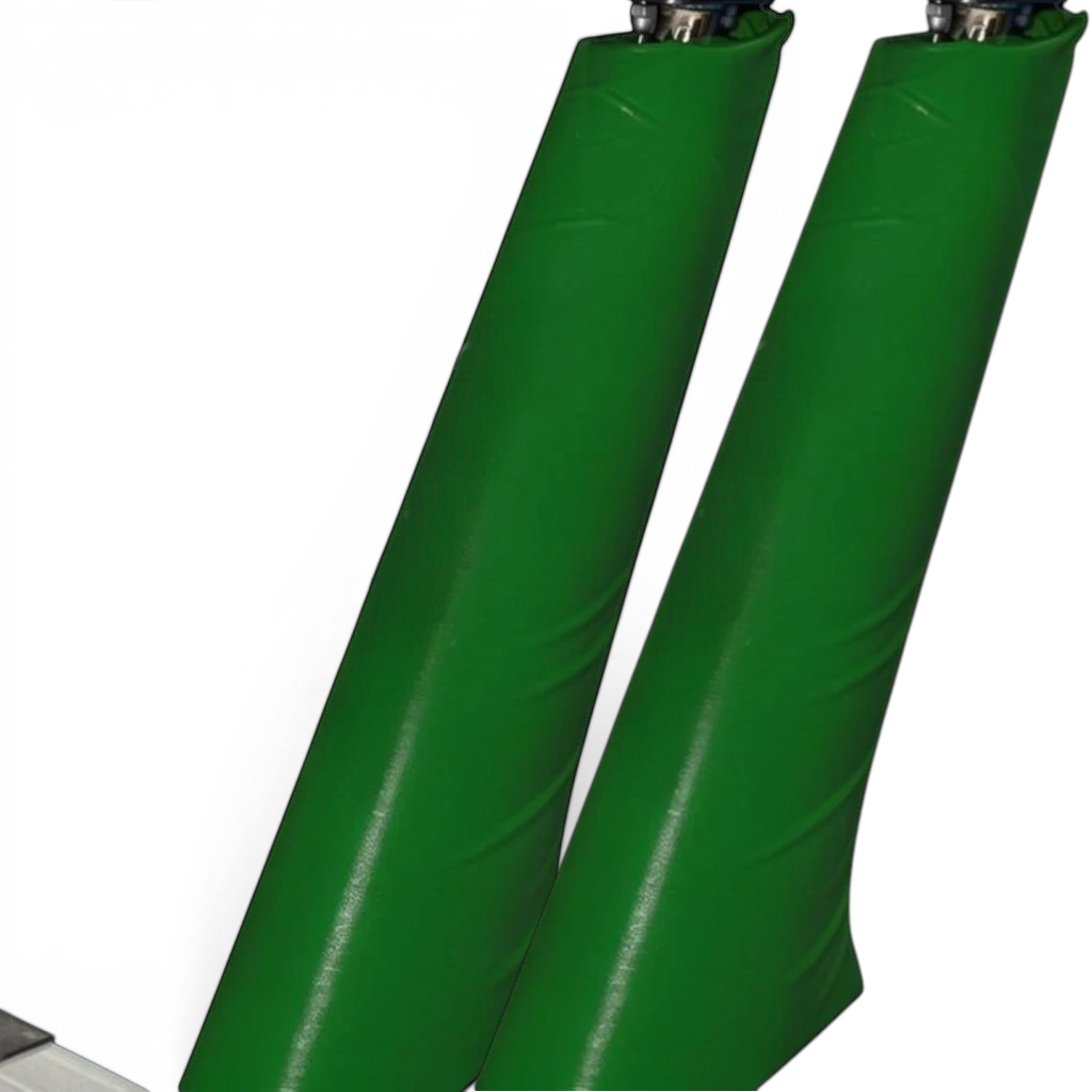 UK Gym Pits green PVC vinyl safety padding fitted around a gymnastics beam leg for impact protection.