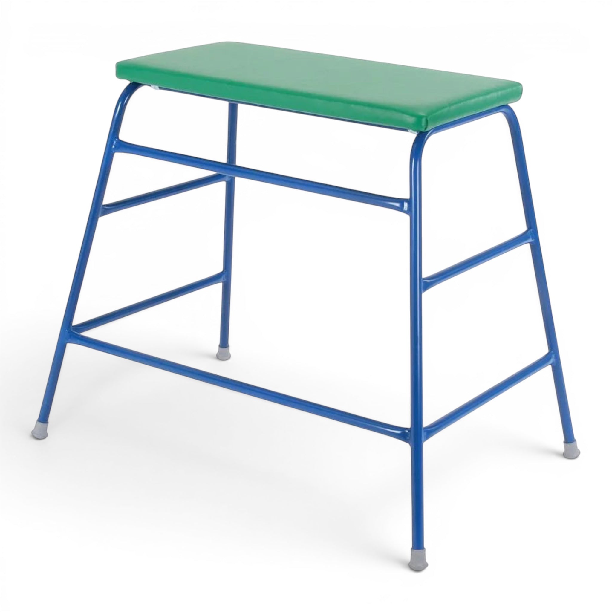 UK Gym Pits agility table with a green padded top and blue steel frame for primary school gymnastics training.