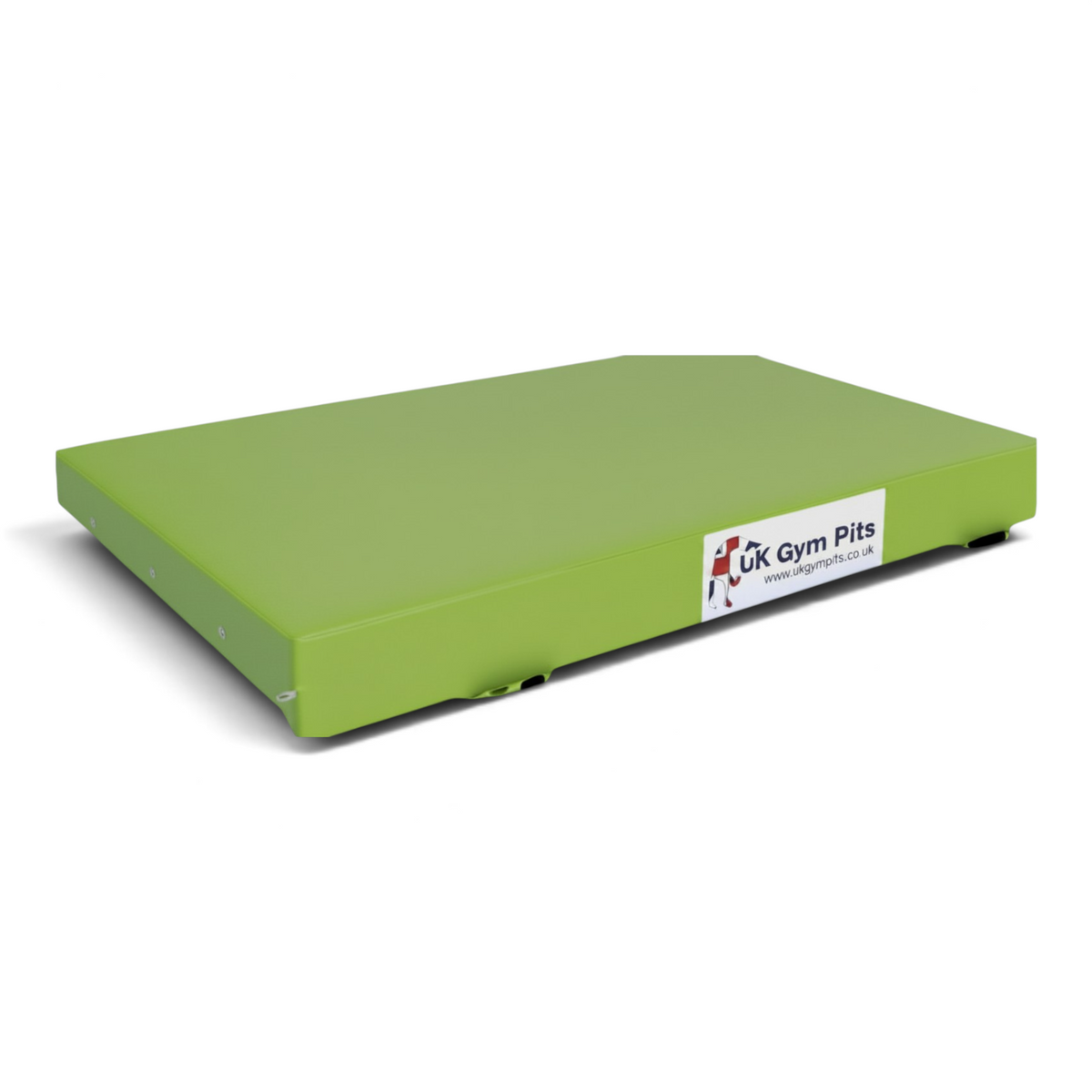 UK Gym Pits green crash mat with reinforced PVC cover, breather holes, and anti-slip base for gymnastics and sports