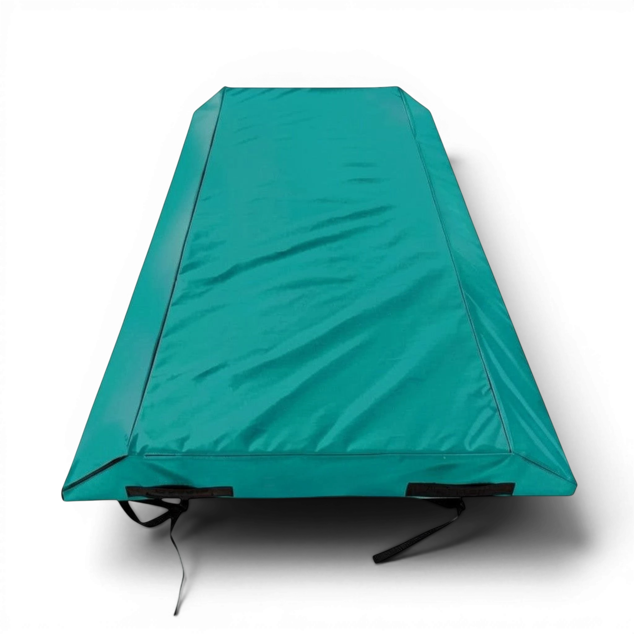UK Gym Pits green double wedge trampoline spotting end deck mat with secure webbing straps and handles.