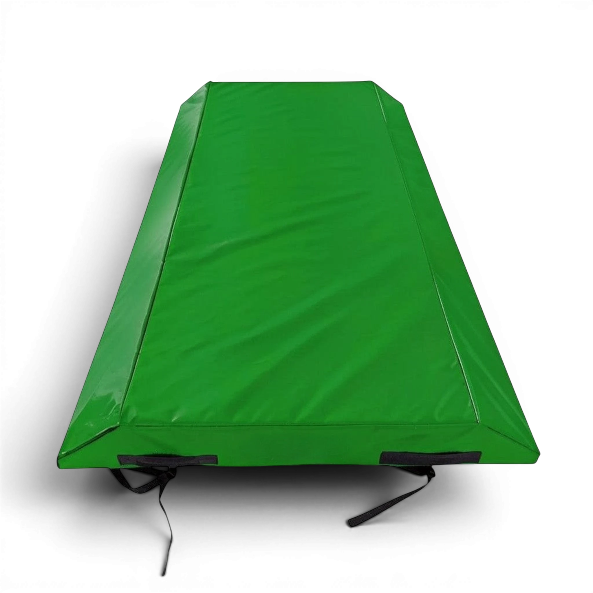 UK Gym Pits green double wedge trampoline spotting end deck mat with reinforced PVC cover and safety handles.