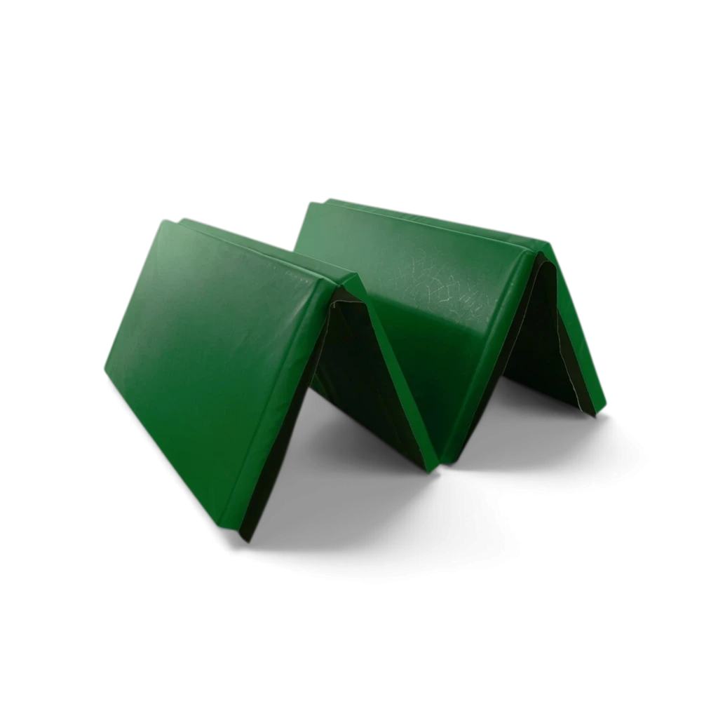 UK Gym Pits green foldable gymnastics mat made of durable PVC foam, shown partially folded for easy storage.