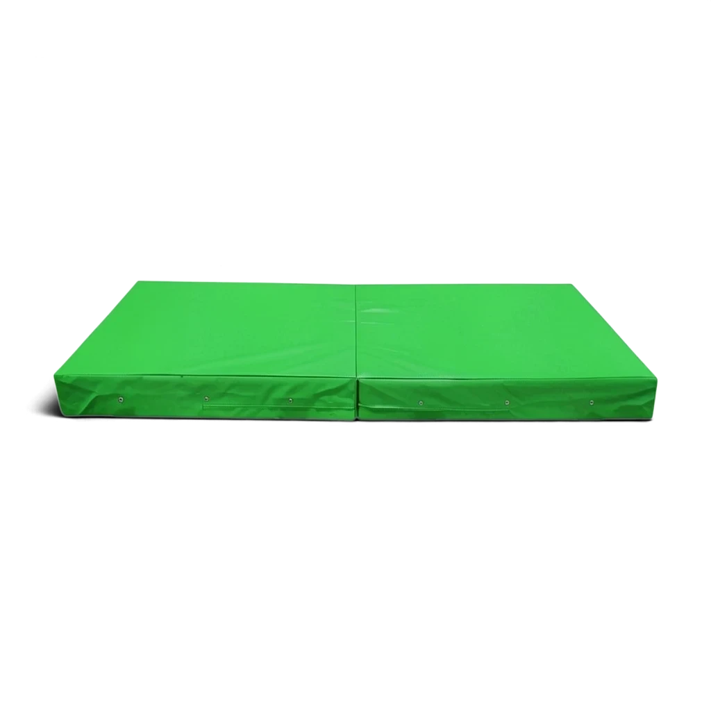 UK Gym Pits green folding safety mat for gymnastics and martial arts with shock-absorbing foam and anti-slip base.