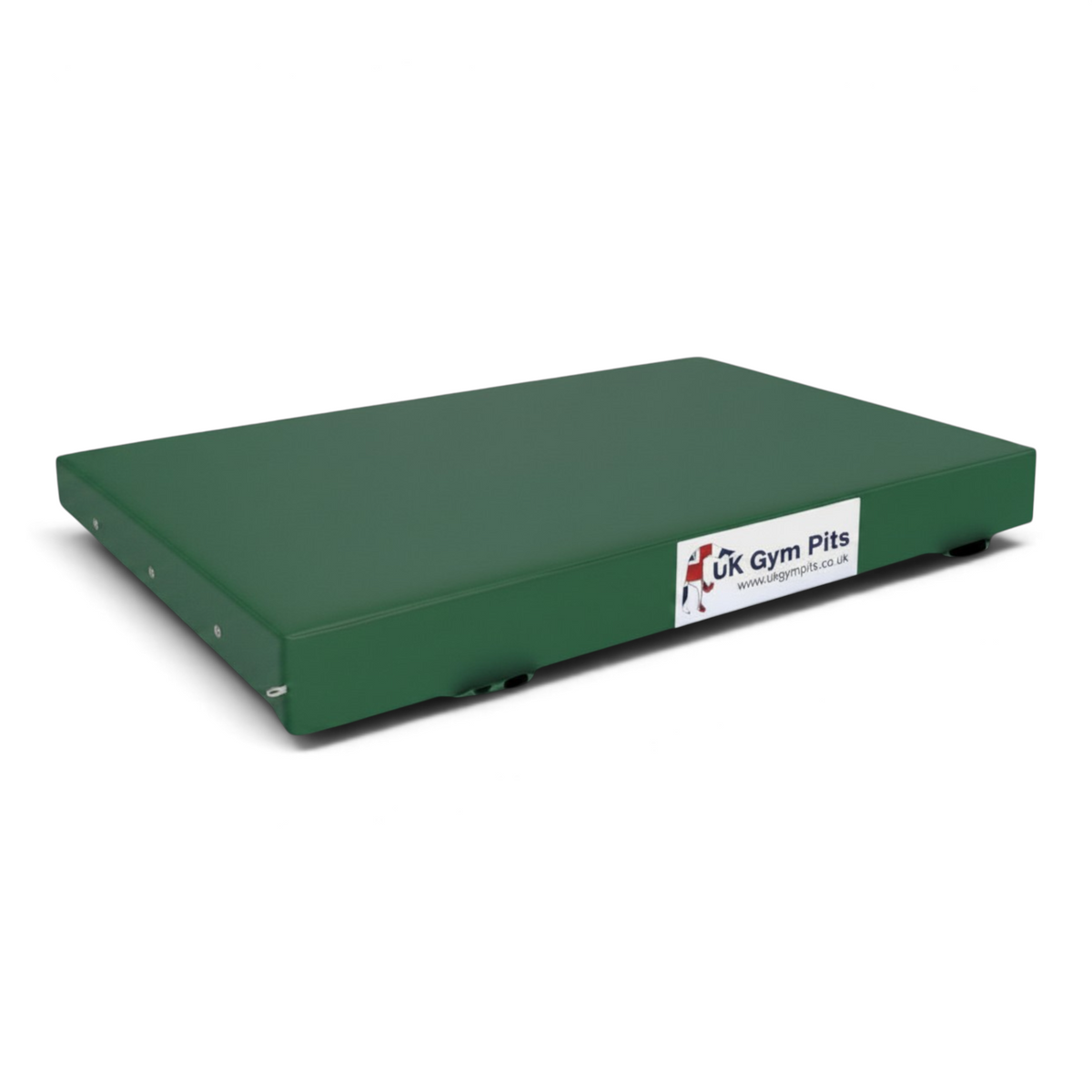 UK Gym Pits green crash mat with reinforced PVC cover, breather holes, and anti-slip base for gymnastics and sports.
