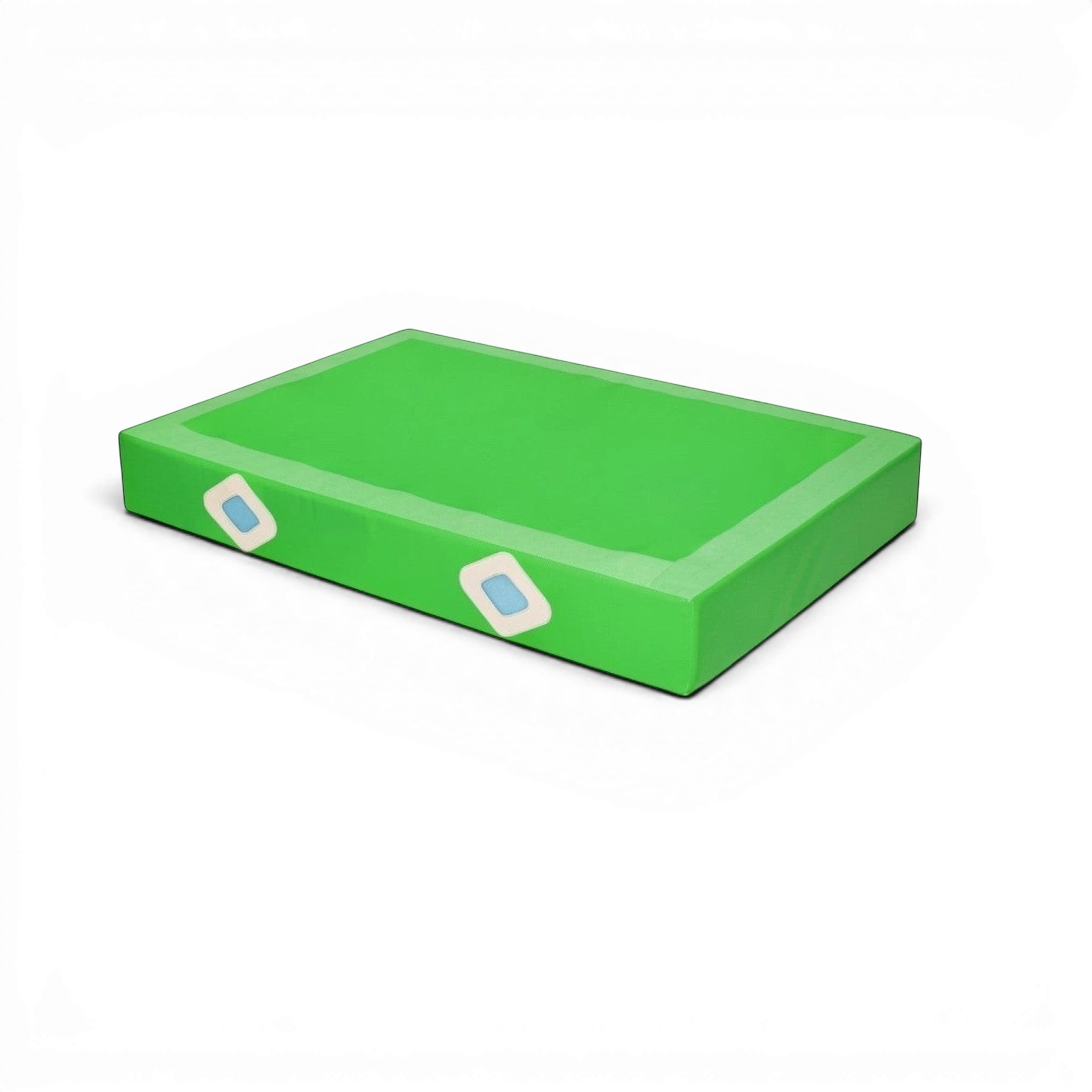 UK Gym Pits FIG approved green gymnastics landing mat with reinforced side handles for parallel bars training.