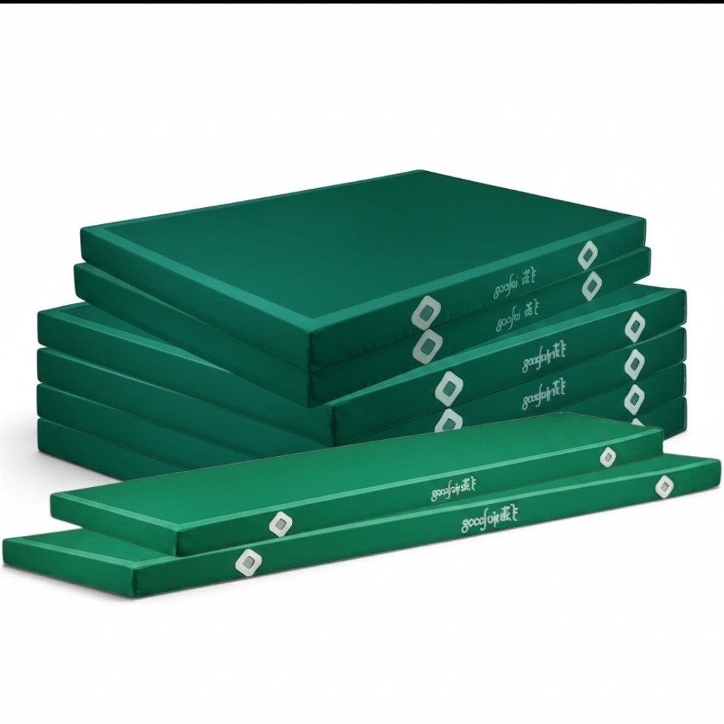UK Gym Pits green parallel bars landing mats with durable PVC vinyl covers and Velcro locking system for gymnastics.